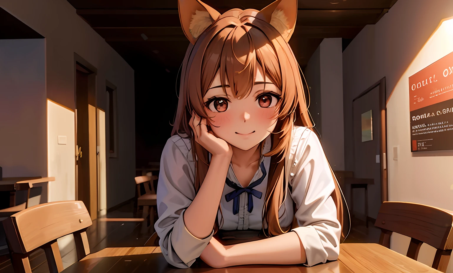 ((Obra maestra, La mejor calidad)), joven, Raphtalia, Lindo, adorable, 1girl, solamente, Cabello largo, Mirando al espectador, brown hair, ojos rojos, Orejas de animales, pelusa, Chica mapache, Cola de mapache, luciendo feliz, happy face expression, dentro, in café, comer, food, vajilla, Tenedores, Cucharas, sentado en un taburete, en la mesa, Ropa moderna, Arco de cabeza, desnuda