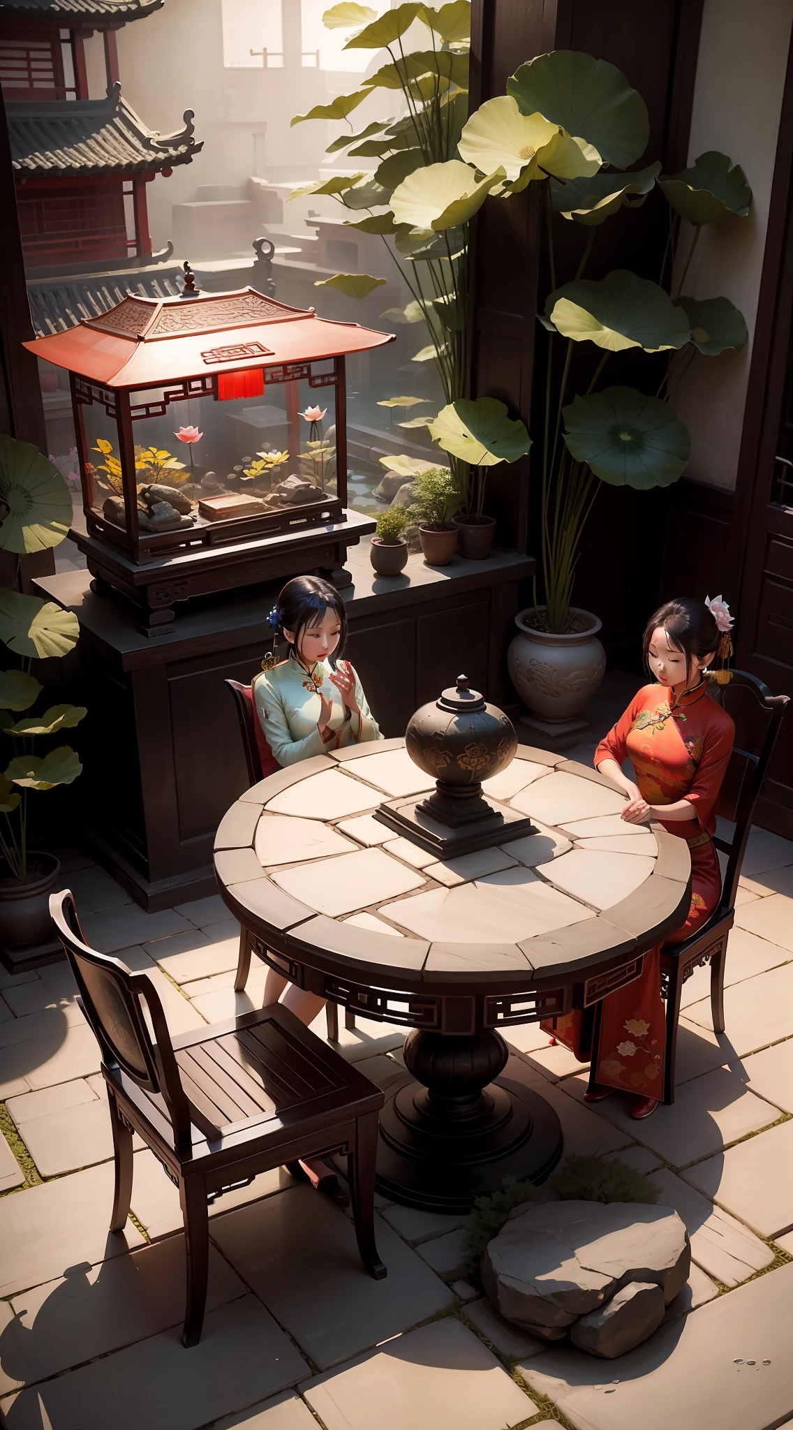 Vintage Chinese Courtyard There is a woman in a long Chinese cheongsam sitting on a stone table and chair, Next to it is a fish tank,There are lotus flowers inside, Realistic style