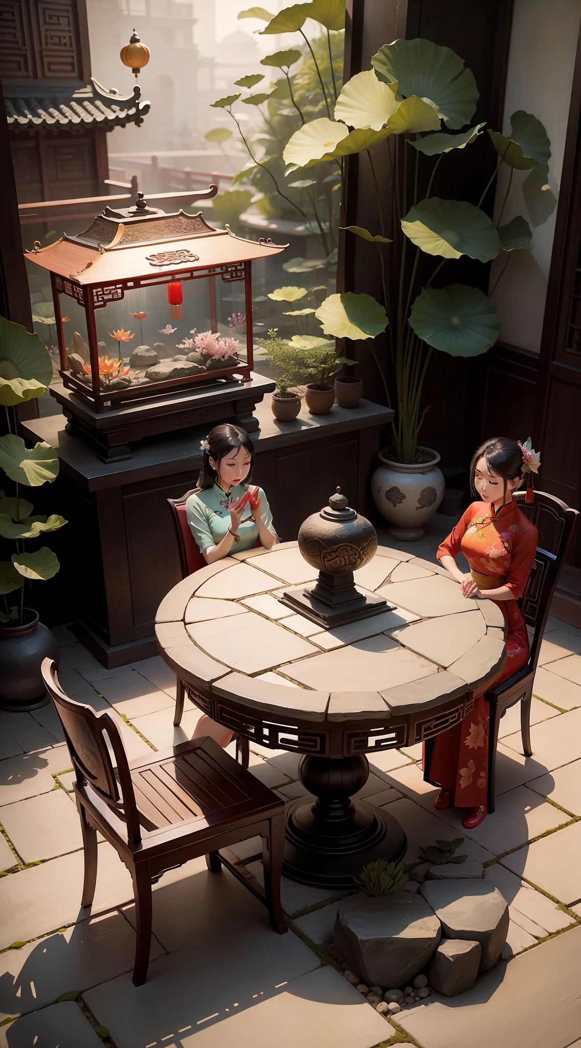 Vintage Chinese Courtyard There is a woman in a long Chinese cheongsam sitting on a stone table and chair, Next to it is a fish tank，There are lotus flowers inside, Realistic style
