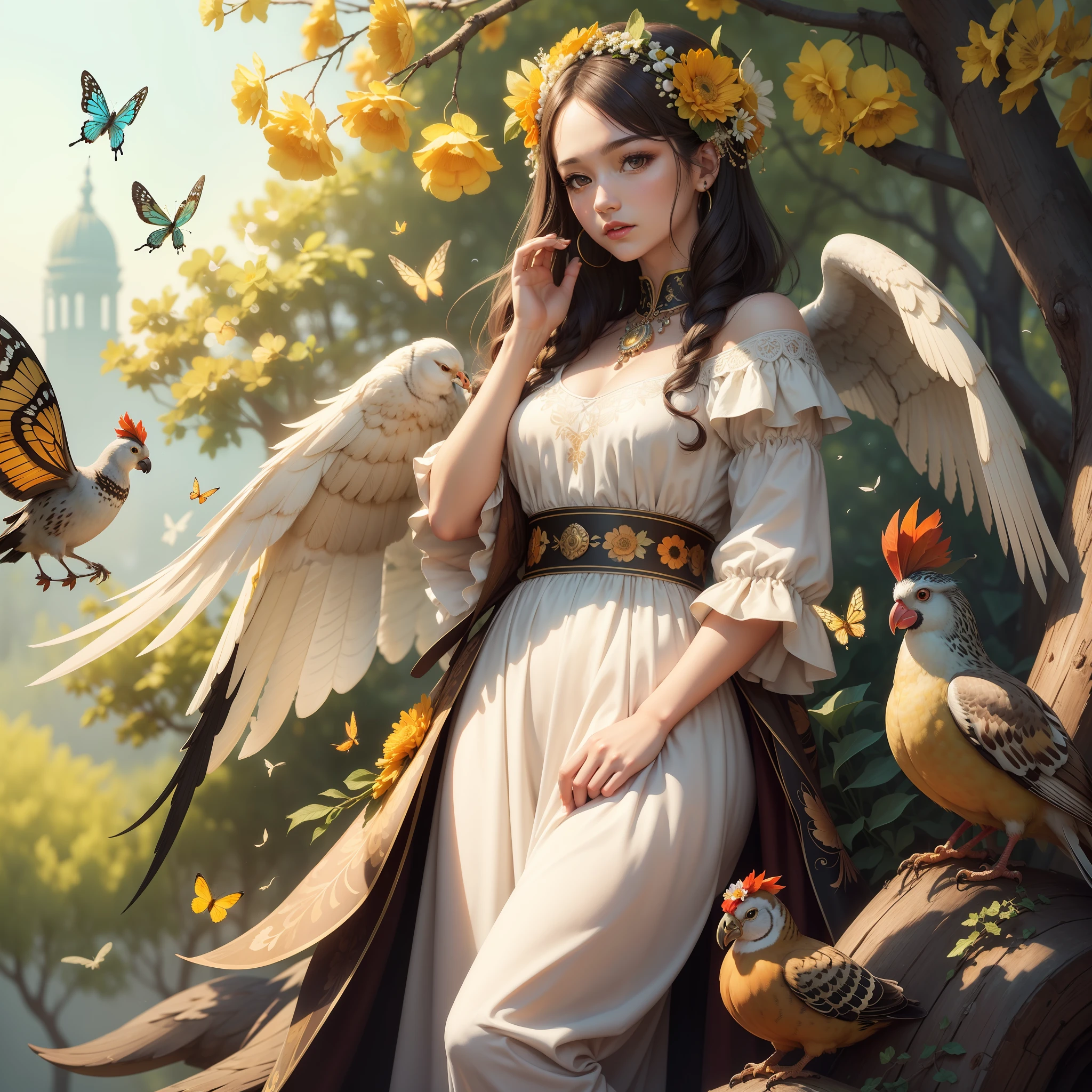 a nice painting of a painting of a woman with birds around her head and a tree in the background with flowers in her hair, 1girl, animal, animal on arm, animal on head, animal on shoulder, artist name, autumn, autumn leaves, bee, bird, bird on hand, bird on head, bird on shoulder, blue butterfly, blurry, bug, bunny, butterfly, chick, chicken, crow, daisy, dandelion, deer, dove, dragonfly, duck, eagle, falling leaves, feathers, fish, flock, flower, ginkgo leaf, goldfish, hair flower, hair ornament, holding leaf, honey, leaf, lips, long hair, looking at animal, on back, on head, orange flower, outdoors, owl, parrot, phoenix, pigeon, portrait, red lips, rooster, rubber duck, seagull, solo, sparrow, squirrel, white butterfly, white flower, year of the rooster, yellow butterfly, yellow flower, Pastel Art, Oil Paint, Color Grading, White Balance, Tonal Colors, 4k, HDR, Angelic, Essence, insanely detailed and intricate, hypermaximalist, elegant, ornate, hyper realistic, super detailed,