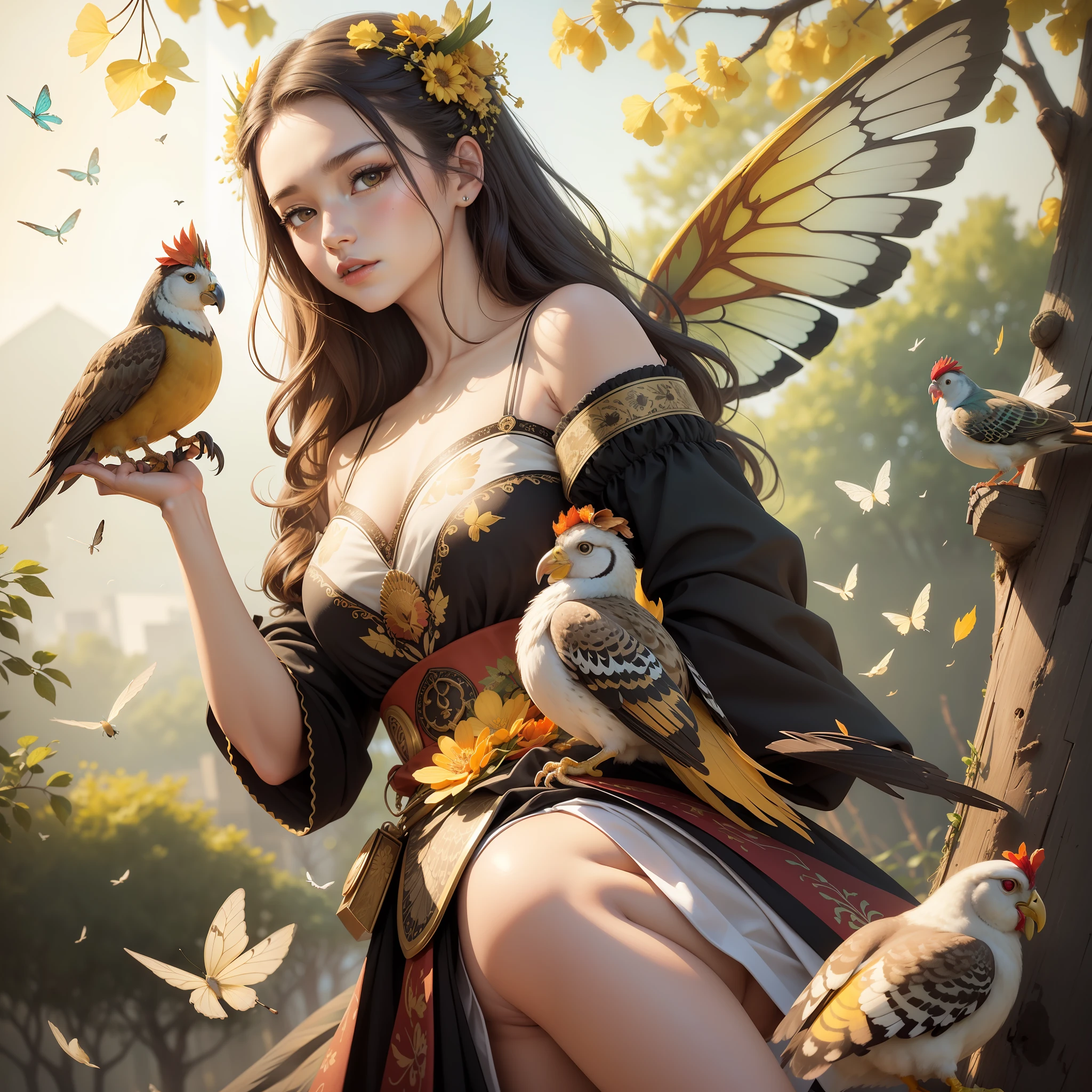 a nice painting of a painting of a woman with birds around her head and a tree in the background with flowers in her hair, 1girl, animal, animal on arm, animal on head, animal on shoulder, artist name, autumn, autumn leaves, bee, bird, bird on hand, bird on head, bird on shoulder, blue butterfly, blurry, bug, bunny, butterfly, chick, chicken, crow, daisy, dandelion, deer, dove, dragonfly, duck, eagle, falling leaves, feathers, fish, flock, flower, ginkgo leaf, goldfish, hair flower, hair ornament, holding leaf, honey, leaf, lips, long hair, looking at animal, on back, on head, orange flower, outdoors, owl, parrot, phoenix, pigeon, portrait, red lips, rooster, rubber duck, seagull, solo, sparrow, squirrel, white butterfly, white flower, year of the rooster, yellow butterfly, yellow flower, Pastel Art, Oil Paint, Color Grading, White Balance, Tonal Colors, 4k, HDR, Angelic, Essence, insanely detailed and intricate, hypermaximalist, elegant, ornate, hyper realistic, super detailed,