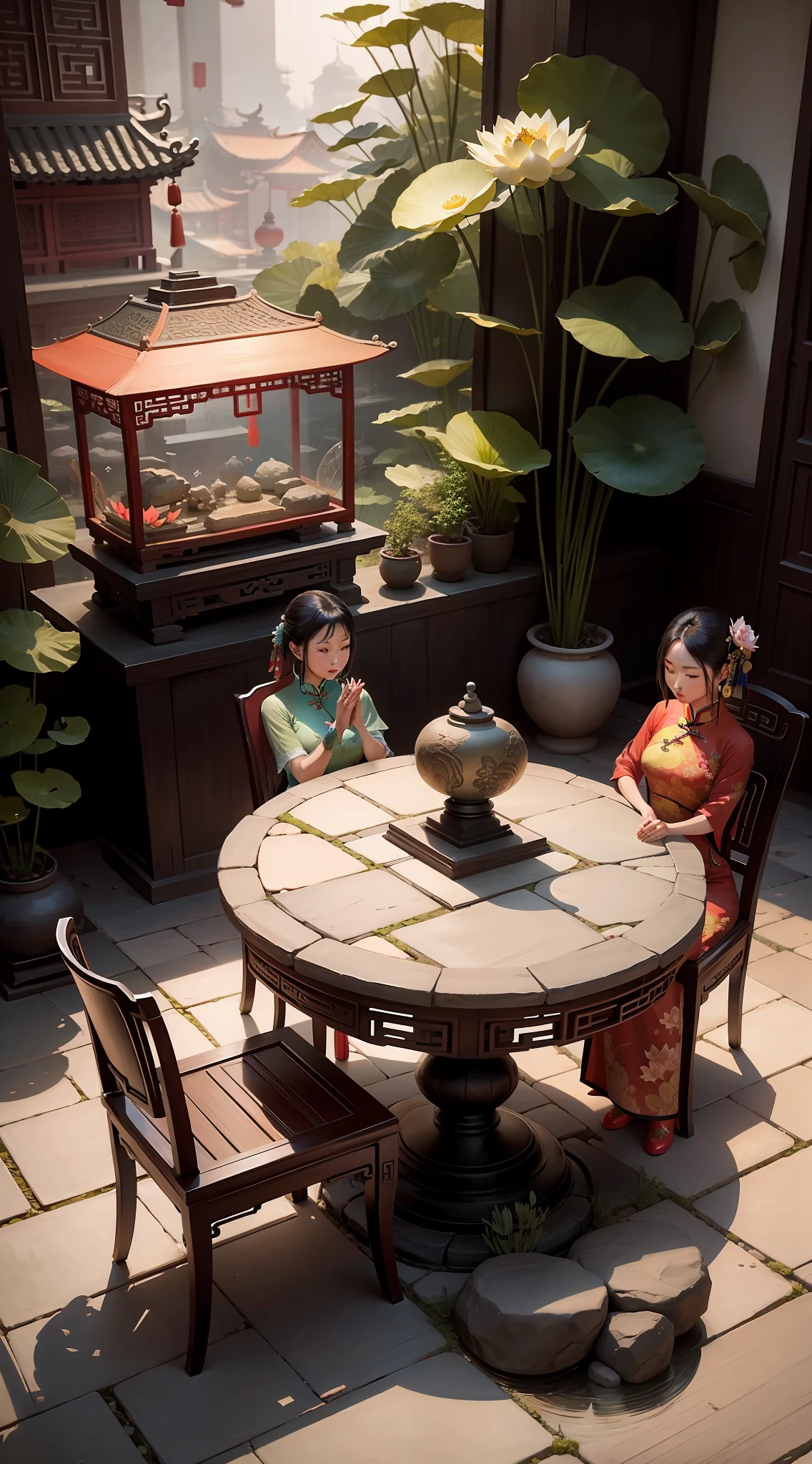 Vintage Chinese Courtyard There is a woman in a long Chinese cheongsam sitting on a stone table and chair, Next to it is a fish tank,There are lotus flowers inside, Realistic style