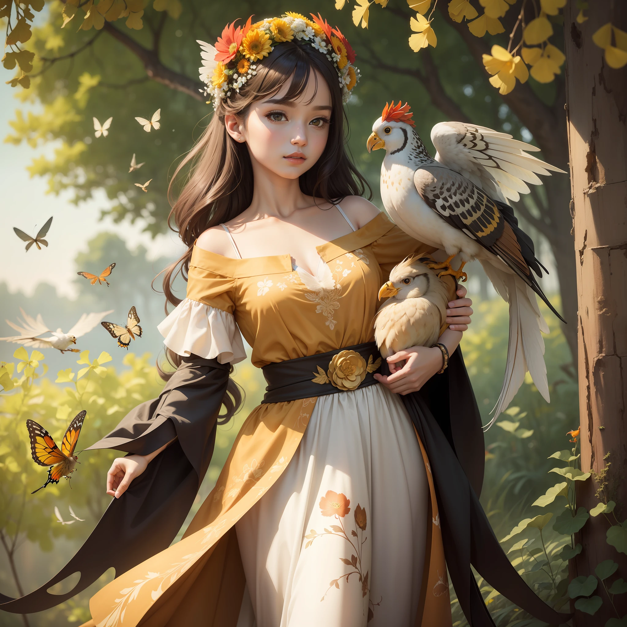 a nice painting of a painting of a woman with birds around her head and a tree in the background with flowers in her hair, 1girl, animal, animal on arm, animal on head, animal on shoulder, artist name, autumn, autumn leaves, bee, bird, bird on hand, bird on head, bird on shoulder, blue butterfly, blurry, bug, bunny, butterfly, chick, chicken, crow, daisy, dandelion, deer, dove, dragonfly, duck, eagle, falling leaves, feathers, fish, flock, flower, ginkgo leaf, goldfish, hair flower, hair ornament, holding leaf, honey, leaf, lips, long hair, looking at animal, on back, on head, orange flower, outdoors, owl, parrot, phoenix, pigeon, portrait, red lips, rooster, rubber duck, seagull, solo, sparrow, squirrel, white butterfly, white flower, year of the rooster, yellow butterfly, yellow flower, Pastel Art, Oil Paint, Color Grading, White Balance, Tonal Colors, 4k, HDR, Angelic, Essence, insanely detailed and intricate, hypermaximalist, elegant, ornate, hyper realistic, super detailed,