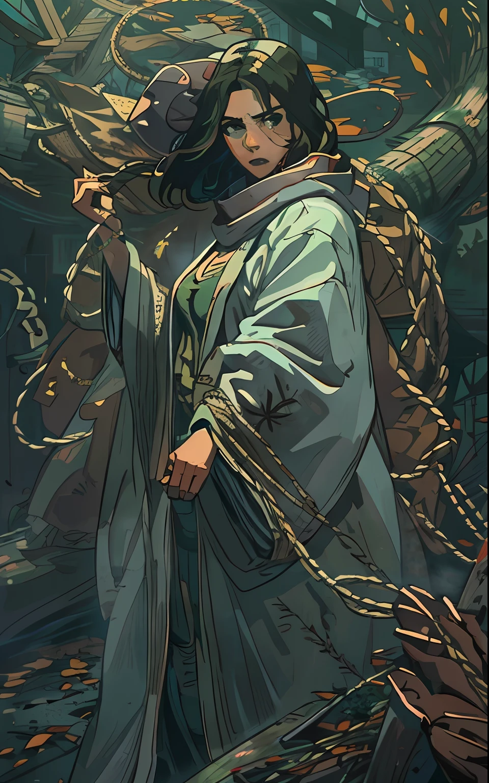 独奏.  In the foreground A girl of thirty years old, in a long cloak, long dark hair, looks at the hanging rope, an intricate, Pattern, Realistic fantasy, 7K,A hyper-realistic, hyper-detailing, analog style, The wind swirls the leaves, The leaves are twisted into a spiral, The leaves fall off, , humble, An old cloak, detailed skin, Matte skin, soft-lighting, sub-surface Scattering, Realistic, Heavy shadow, Masterpiece, Best Quality, ultra realistis, 8K, the golden ratio, Intricate, high detail, Film photography, soft focus, Lonely girl in a raincoat with a hood on her head, An old scarf, wrapped around the head, Detailed appearance, Четкость 8 K, A huge loose rope weighs in front, In his hands, He's holding a huge rope, A whirlwind of leaves beneath your feet, BREAK , Illustrate a monochromatic world with the addition of green, Use only shades of black, White & gris, To convey depth, Emotions and striking visual impact. Landscapes."street fighter", in the style of 0MIB, many people, slums