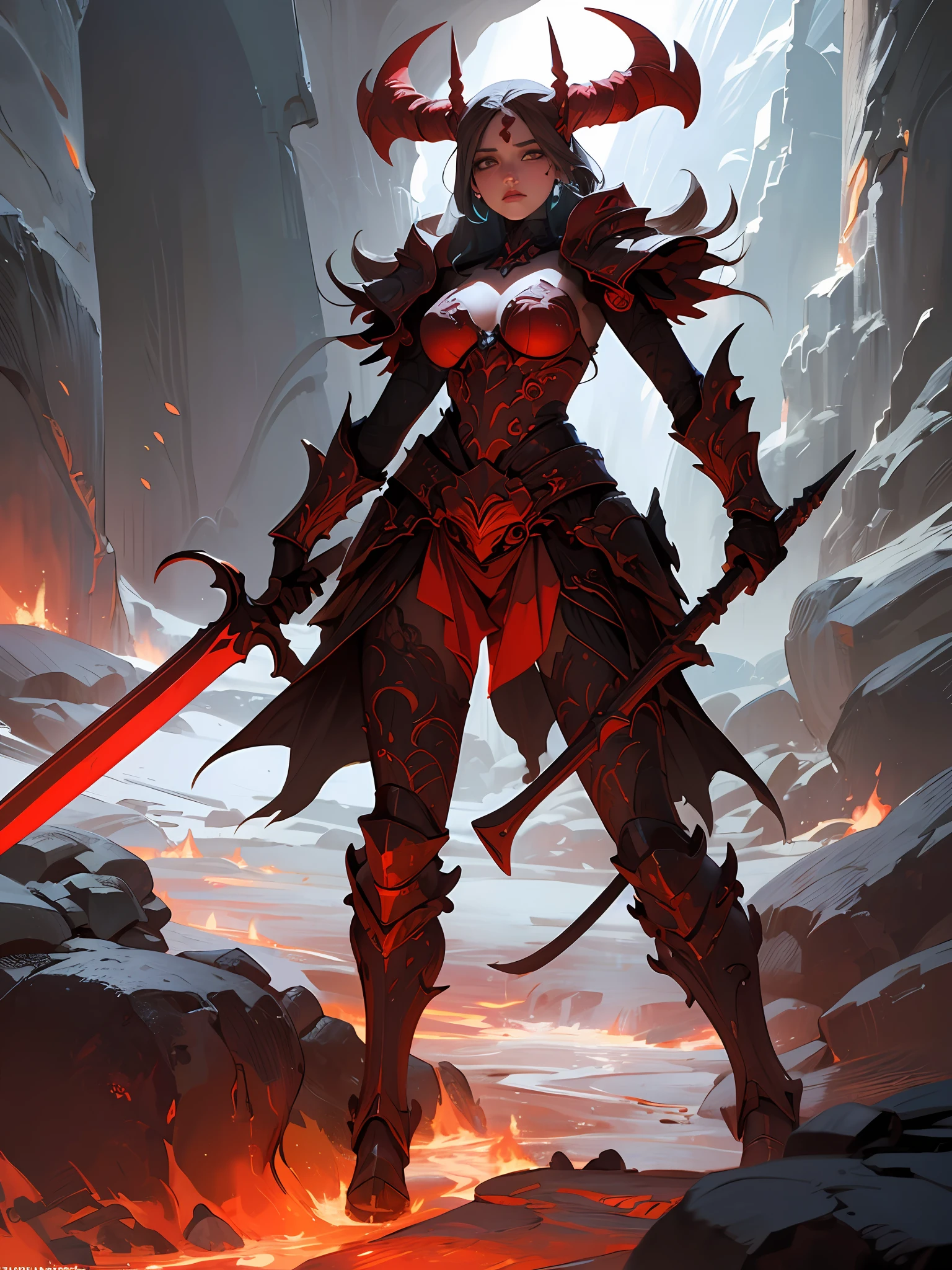 (Artwork of exceptional craftsmanship),(Detailed illustrations,(Very ideal anatomy),Very detailed and detailed drawing,Delicate lines with slow and rapid,(Realistic texture expression)),[Color tressed main line],[Lava cave background [Hot hell:0.4]],HENAI ANIME (Red-skinned DemonGirl 19 years old slender muscular) Flame hair (Devil's Knight:0.8),(Bone armor [crack in the chest:0.6] [Blade of Fresh Blood:0.4]) (edg),[[Dark Fantasy]],(Perfectly proportioned),(Fine and beautiful skin expression [realistic skin detail]),[Design built to the highest level,[Advanced structural understanding of materials],Ideal color coordination],(Intricate and beautiful decoration [Dense detail]),(More on shiny hair),[Perfect hand details [Beautiful Finger]],(Beautiful perfect face [Realistic face details]),[Clear gaze],[long and beautiful eyelashes],[Perfect eye details (Eyes beautifully drawn down to the smallest detail)],(detaileds,high-detail),([Precision Detail],[multi-layer texture],HighQuality,hight resolution),[(Accurate simulation of light-material interactions),Understanding Airflow,Mechanically correct representation],[Visual art that conveys a sense of narrative] [Full body like],[[Desaturation]].