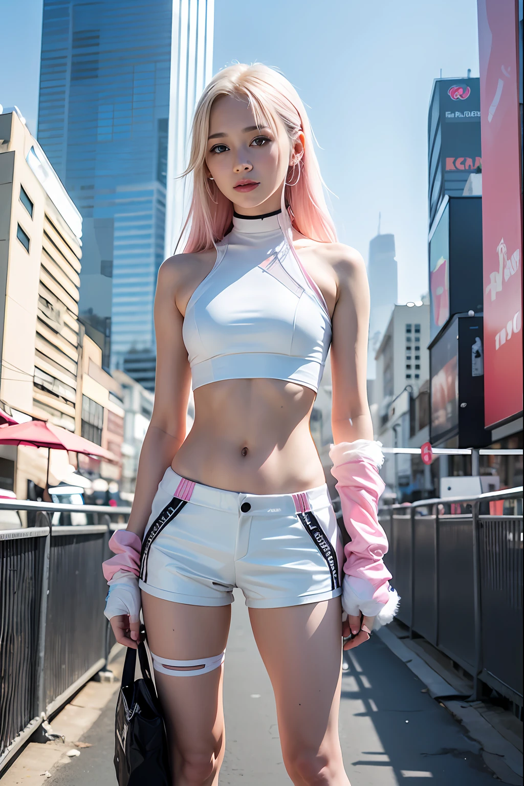 (solo), (a detailed full body RAW photo of a girl), (masterpiece:1.0), (best quality:1.4), (ultra highres:1.2), (photorealistic:1.4), 8k resolution, Canon EOS R5, 50mm, absurdres, ultra detailed, (18yo), sharp focus, cinematic lighting, detailed beautiful face, (ulzzang-6500-v1.1), petite figure, detailed skin texture, pale skin, flat chest, (pale :0.5), (skinny and fit body:1.3), detailed long blond hair, messy hair, (Avril Lavigne:0.7), smiling, (futuristic fashion, streetwear, high-tech fabrics, fireproof material, shorts, elbow and knee pads, racing gloves:1.1), contrapposto, (Kpop idol), (azur lane\), cityscape, outdoors, ((white+pink theme)),