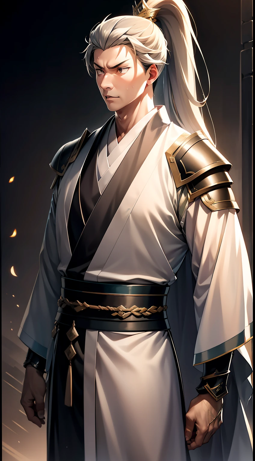 quadratic element,style of anime,mtu(Male Warrior),The proportions are correct,Face details,swordsmen,High ponytail hairstyle,Neck details,There is an Adam's apple,Black Hanfu,kaftan,Embroidered robes,Black robe,clothes details,Handing over,longer sleeves,Game quality,Swordsmanship,Light and shadow tracking,Ray traching,detailed glow,cg render,hair detail,long white hair,Black eyes,Handsome,Handsome,(juvenile sense),Clothing is complicated,Perfectcomposition,Refinement,high qulity,higher details,Lots of details,The background is complex,a sense of atmosphere,