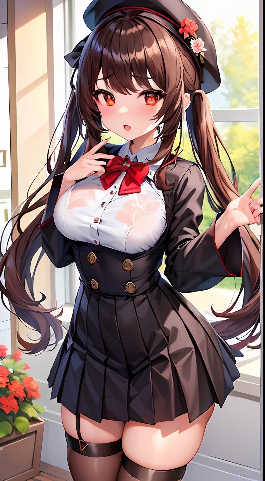 (best quality), (masterpiece), ((beautiful:0.75) cute girl:0.75), [clear and clean] pixiv (illustration), (HuTao/(GenshinImpact/)), red eyes, flower-shaped pupils, hat, long brown hair, bangs, twintails, black skirt, school girl, wide sleeves, medium breast, lingerie, hot body, cum in mount