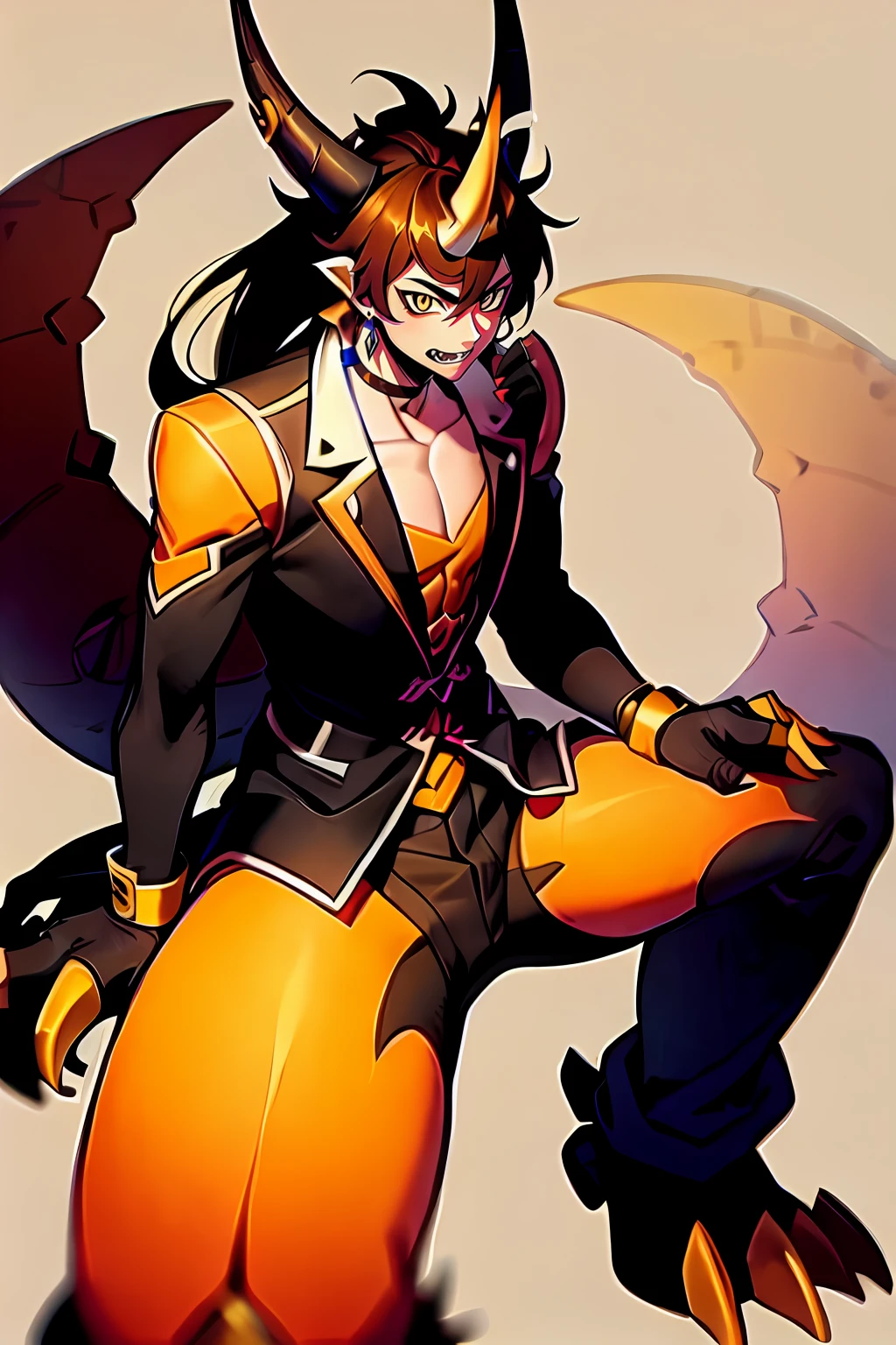 masterpiece, best quality, male focus, jewelry, long hair, 1boy, solo, earrings, bangs, gloves, ponytail, (( Over size Claws)), multicolored hair, brown hair, hair between eyes,  yellow eyes,gradient hair, suit, black hair, digimon \(creature\), ((orange eastern Dragon horn and brown Tail),  orange Gems on body, ((Orange, Black and brown Colour schemes)), (Zhongli as a Digimon), ((mid transformation)), ((Sharp Fangs ))