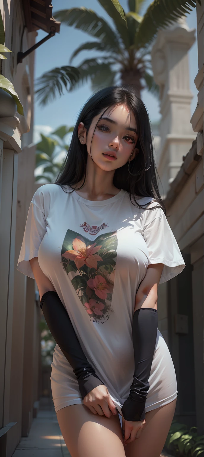masterpiece, best quality, high resolution, fine detail, amazing and beautiful detail, different_image, 1 girl, solo, white t-shirt,from below, black hair, red eyes, ( big boobs), (lower chest) , outdoor , plants, botanical garden, dolphin white t-shirt,