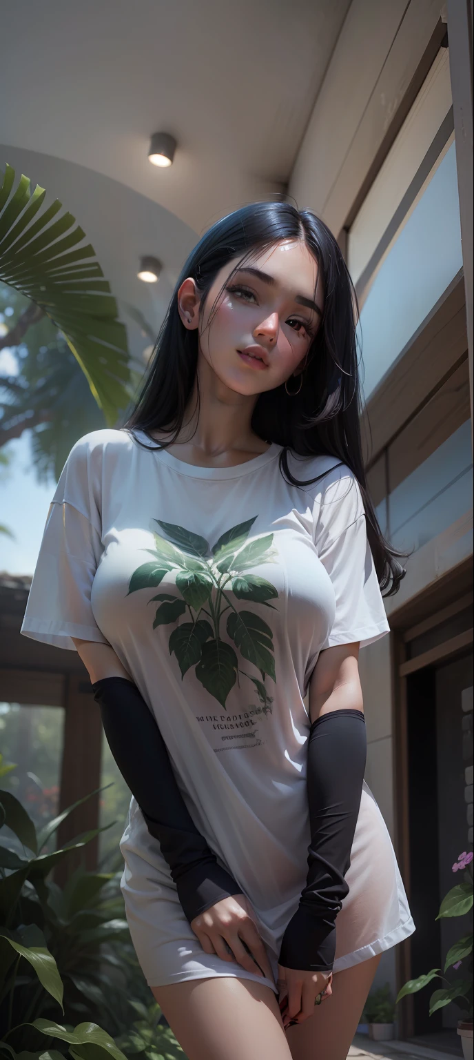 masterpiece, best quality, high resolution, fine detail, amazing and beautiful detail, different_image, 1 girl, solo, white t-shirt,from below, black hair, red eyes, ( big boobs), (lower chest) , outdoor , plants, botanical garden, dolphin white t-shirt,