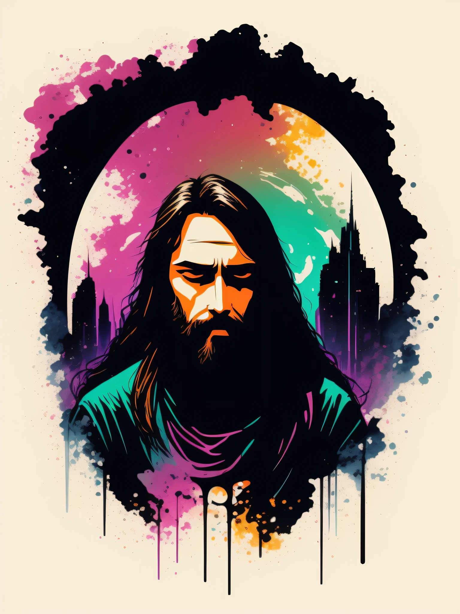 jesus praying, 2D t-shirt art, Cyberpunk, epic illustration, vector, 2d illustration, black background, very colorful, full gradient modern colors, Focused, front view