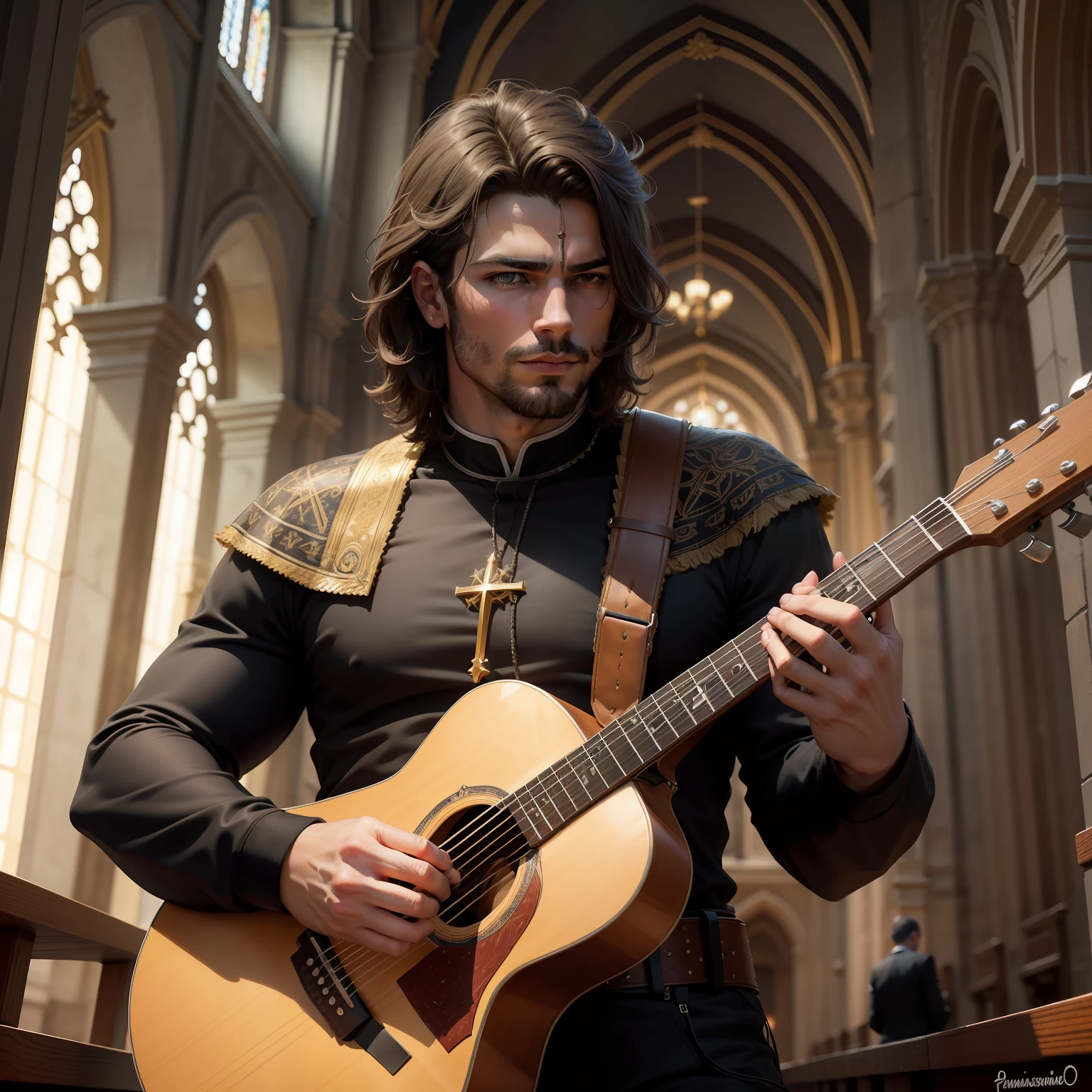 absurdres, highres, ultra detalhado), 1 macho, adulto, bonito, cara musculoso alto, ombros largos, olhos finamente detalhados e rosto detalhado, cabelo prateado curto, cavaleiro, armadura, espada grande, santo, catedral, religioso, sublime, campo de batalha , with guitar, instrumento violao , sacro , religioso, santo templario , lugar lindo , sacro , claro , luminoso , Christian symbology, perfect lugar, anjos ouvindo , musica , som do violao , male man playing guitar