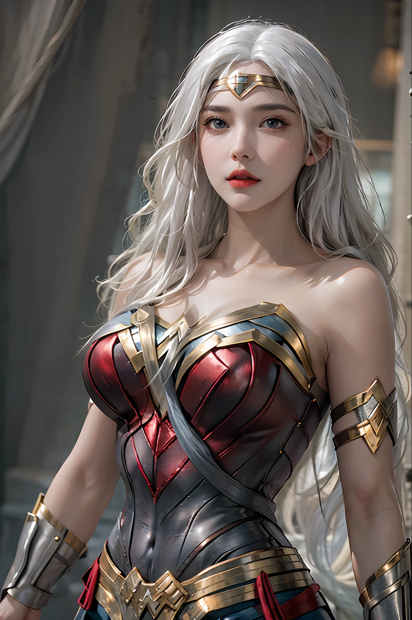 photorealistic, high resolution, 1 women, solo, hips_up, hips up, beautiful eyes, look at viewer, close mouth, detailed face, white hair, wonder woman costume