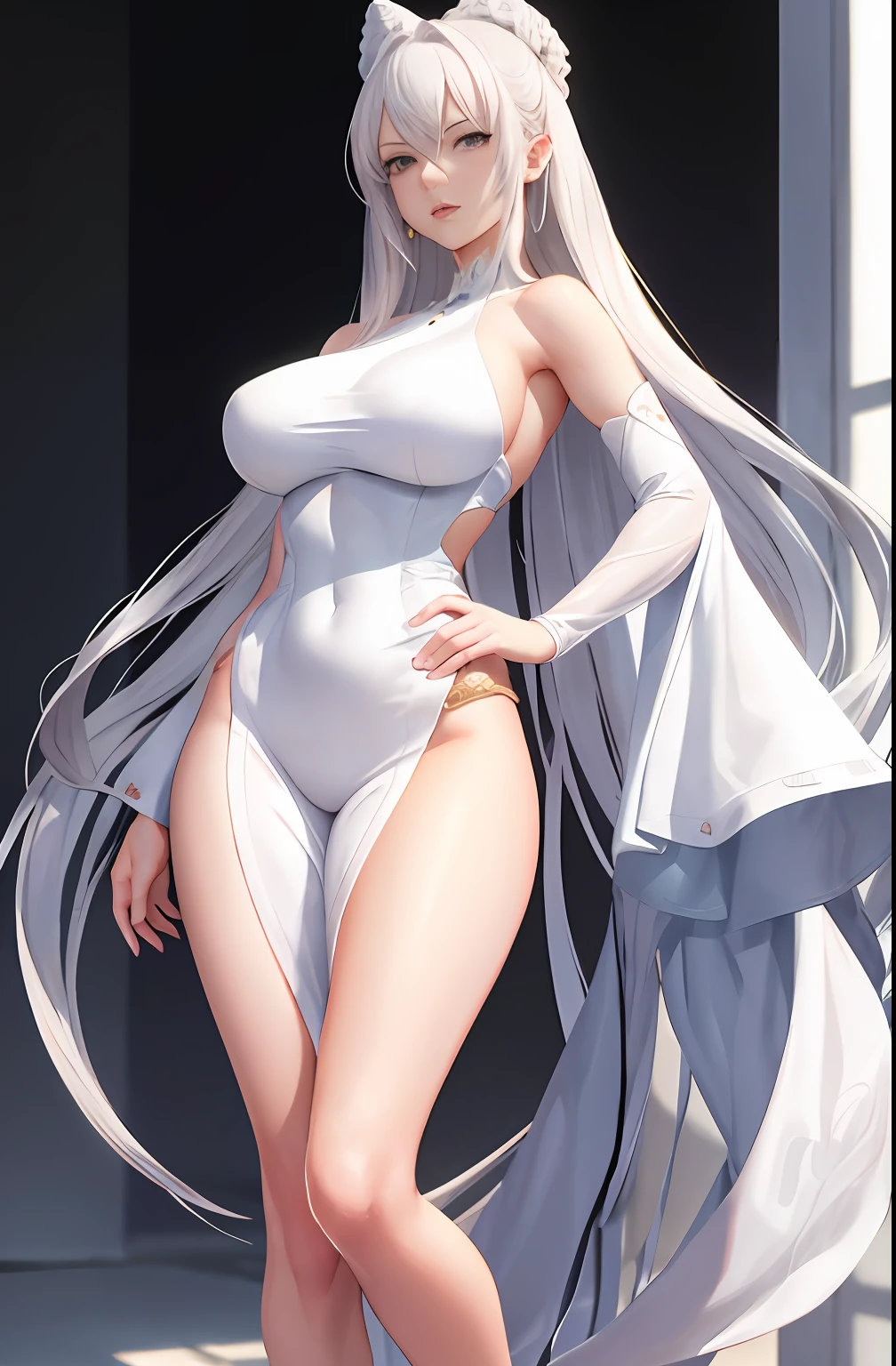 Master anime works,An impeccable masterpiece,8K picture quality: A mature noblewoman in cool sexy clothes standing on pure white background,Female boss,Flowing silver hair,Full-body standing,Slender legs,Straight breasts,Detailed facial details,Naturally beautiful standing,Vivid and authentic body details