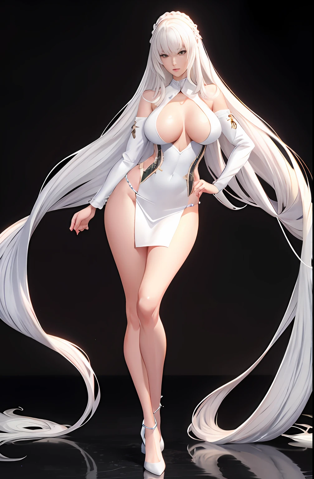 Master anime works,An impeccable masterpiece,8K picture quality: A mature noblewoman in cool sexy clothes standing on pure white background,Female boss,Flowing silver hair,Full-body standing,Slender legs,Straight breasts,Detailed facial details,Naturally beautiful standing,Vivid and authentic body details