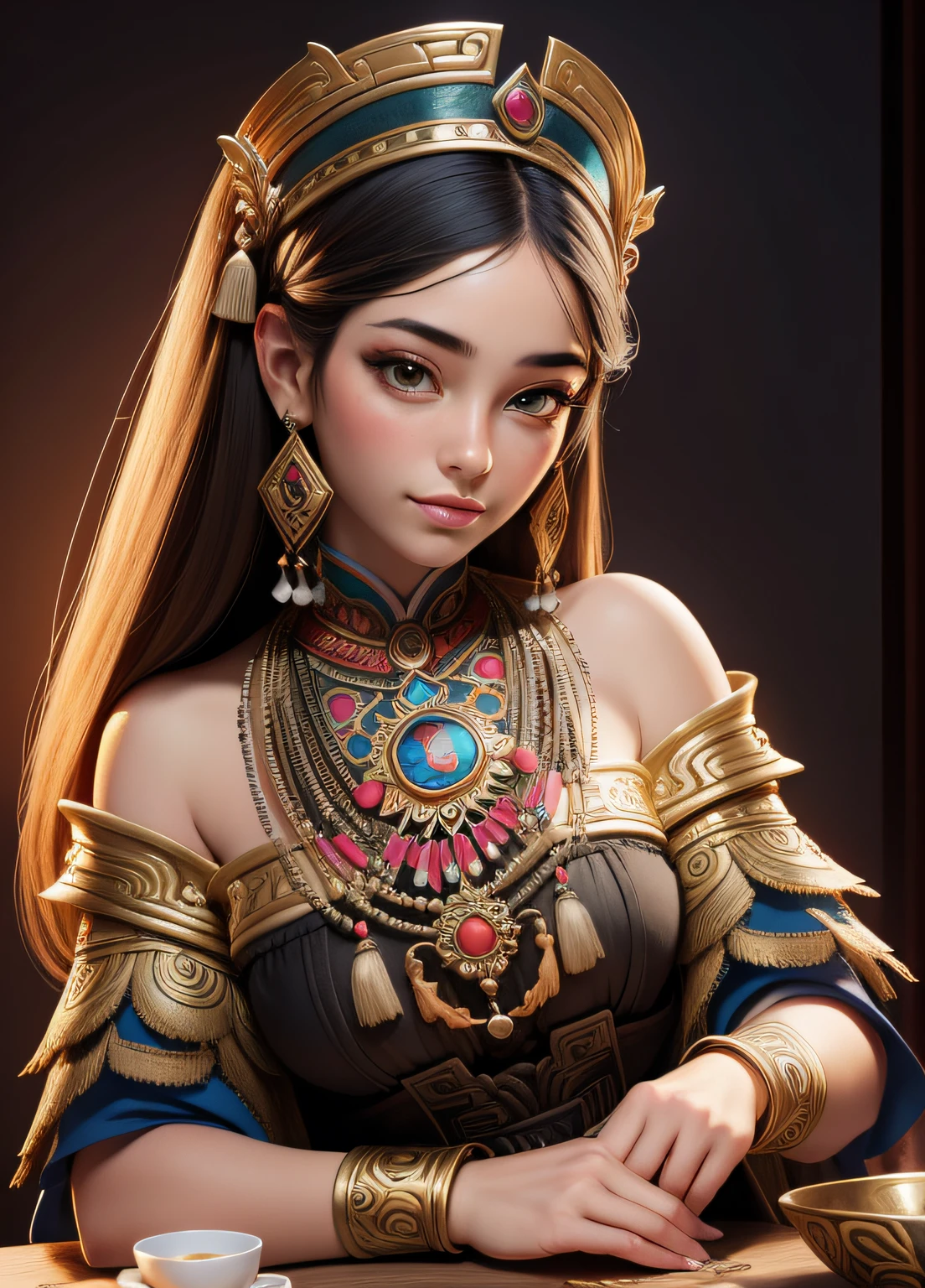 (masterpiece, top quality, best quality, official art, beautiful and aesthetic:1.2), (1girl), extreme detailed,(fractal art:1.3),colorful,highest detailed, painting of a woman in traditional clothing sitting next to a pot, traditional beauty, ancient libu princess, traditional art, ancient libu young girl, cute woman, gorgeous woman, realistic spanish woman painting, beautiful depiction, beautiful mayan priestess, stunning woman, beautiful mexican woman,