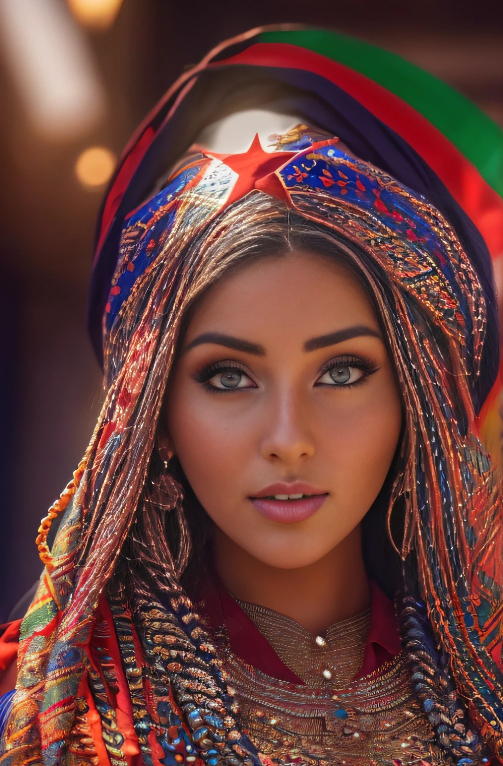 photo of alluring beautiful woman, curvy, sparkling, bright eyes, long braids, Moroccan flag waving (masterpiece) (best quality) (detailed) (8k) (HDR) (wallpaper) (cinematic lighting) (sharp focus) (intricate), cum