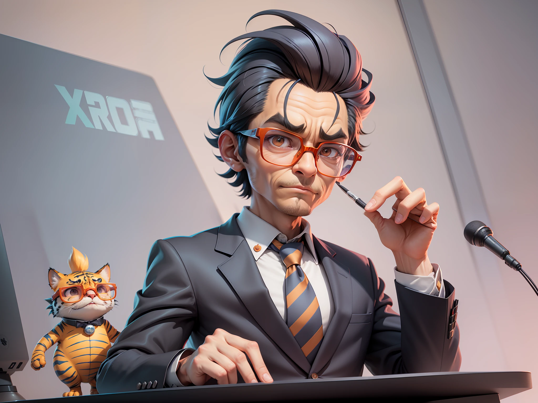 A young man in a suit, Short hair and glasses sat at his desk,holding laptop,digitial painting,tigre,3D character design by Mark Clairen and Pixar and Hayao Miyazaki and Akira Toriyama,4K HD illustration,Very detailed facial features and cartoon-style visuals。