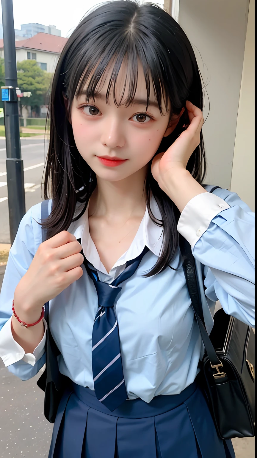 ((top-quality、​masterpiece))、Raw photography、8K、top-quality、 超A high resolution、Beautiful face in every detail、Realistic human skin、Gentle expression、front-facing view、Farbe々From an angle、length hair、realisitic、Photorealsitic、cute little、a short skirt、cute school girl、Japan schoolgirl wearing uniform、Surreal High School Girl、outside of house、(wrist watch)、A bracelet、blue-sky、Bus stop、School bag、