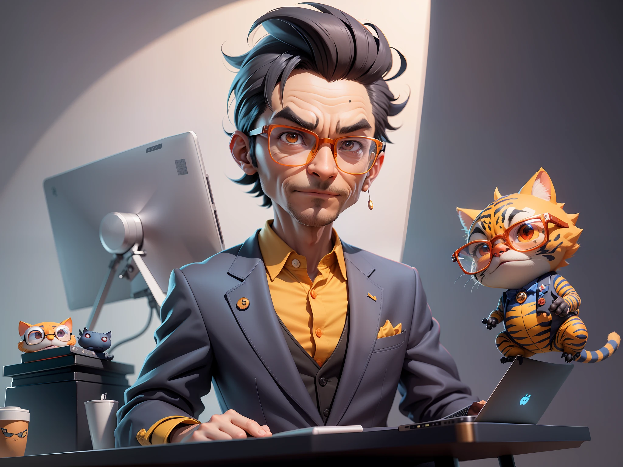 A young man in a suit, Short hair and glasses sat at his desk，holding laptop，digitial painting，tigre，3D character design by Mark Clairen and Pixar and Hayao Miyazaki and Akira Toriyama，4K HD illustration，Very detailed facial features and cartoon-style visuals。