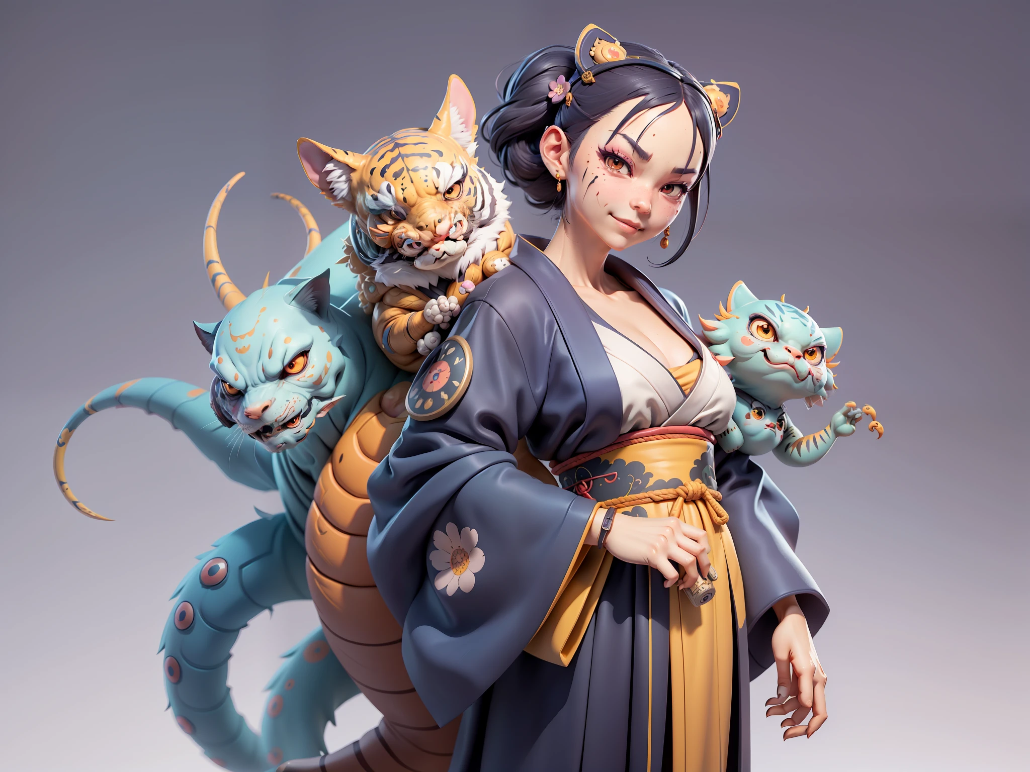 (Daisaku),(Need),(Super meticulous),(full bodyesbian:1.2),Japanese ukiyo-e girl，japanese geisha，Beautiful，Oriental dragon，one tiger，Aeolian Thor，Raised sexy，爆乳，Oriental face，TV Anchor，Bust portrait illustration，Alone，In black suit，a blue tie，The face is slightly chubby，The face was clean，without a beard，Black super short hair，Black eyes，Smile confidently，3C computer sub-products，iPad， iphone，Digital painting，3D character design by Mark Clairen and Pixar and Hayao Miyazaki and Akira Toriyama，The illustration is a high-definition illustration in 4K resolution，With very detailed facial features and cartoon-style visuals。