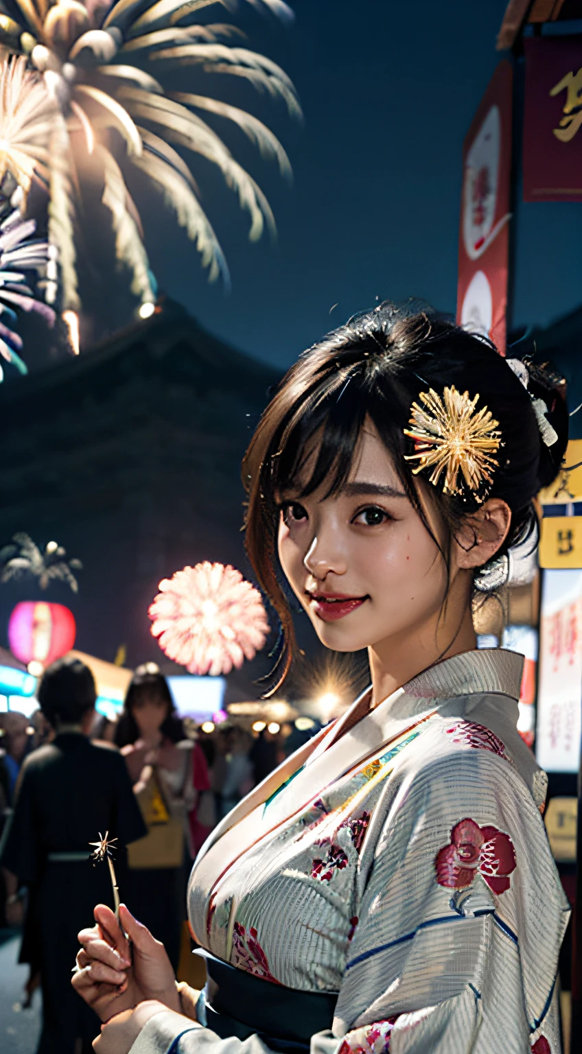 best qualtiy、masterpiece、photoRealstic、intricate-detail、Raw foto、Photon Rendering、Octane Rendering、absurderes、ultra-detailliert、A detailed face、Detailed skin、Trending in art stations、8K Masterpiece、lighting like a movie、( (1girl in))、((独奏) ))、CG Social Trends、Plastic En、((Black Long Hair))、((Beautuful Women))、(A smile)、Upper teeth、Fashionable、Hair that flutters in the wind、((Flowing hair))、fashion magazine、((A sexy))、((lighting like a movie)、((indirect lighting)、、(ssex)、Grinning、(View from a distance)、((Festival of Japan))、Kimono、((Fireworks Festival))、