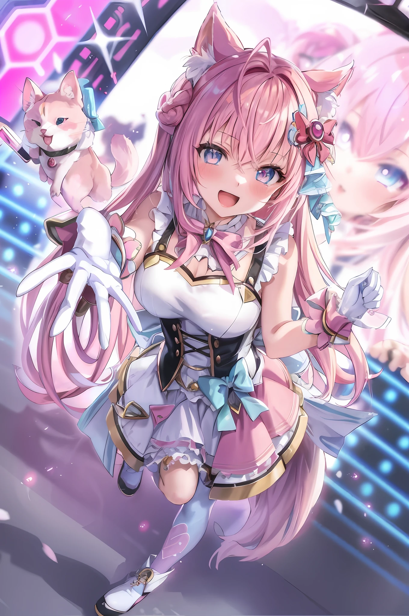 Anime girl holding a cat with pink hair and blue eyes, Splash art anime , nightcore, cute anime waifu in a nice dress, Anime goddess, A scene from the《azur lane》videogame, Detailed key anime art, pink twintail hair and cyan eyes, Best Rated on pixiv, clean and meticulous anime art, Detailed anime artwork, portrait of magical girl