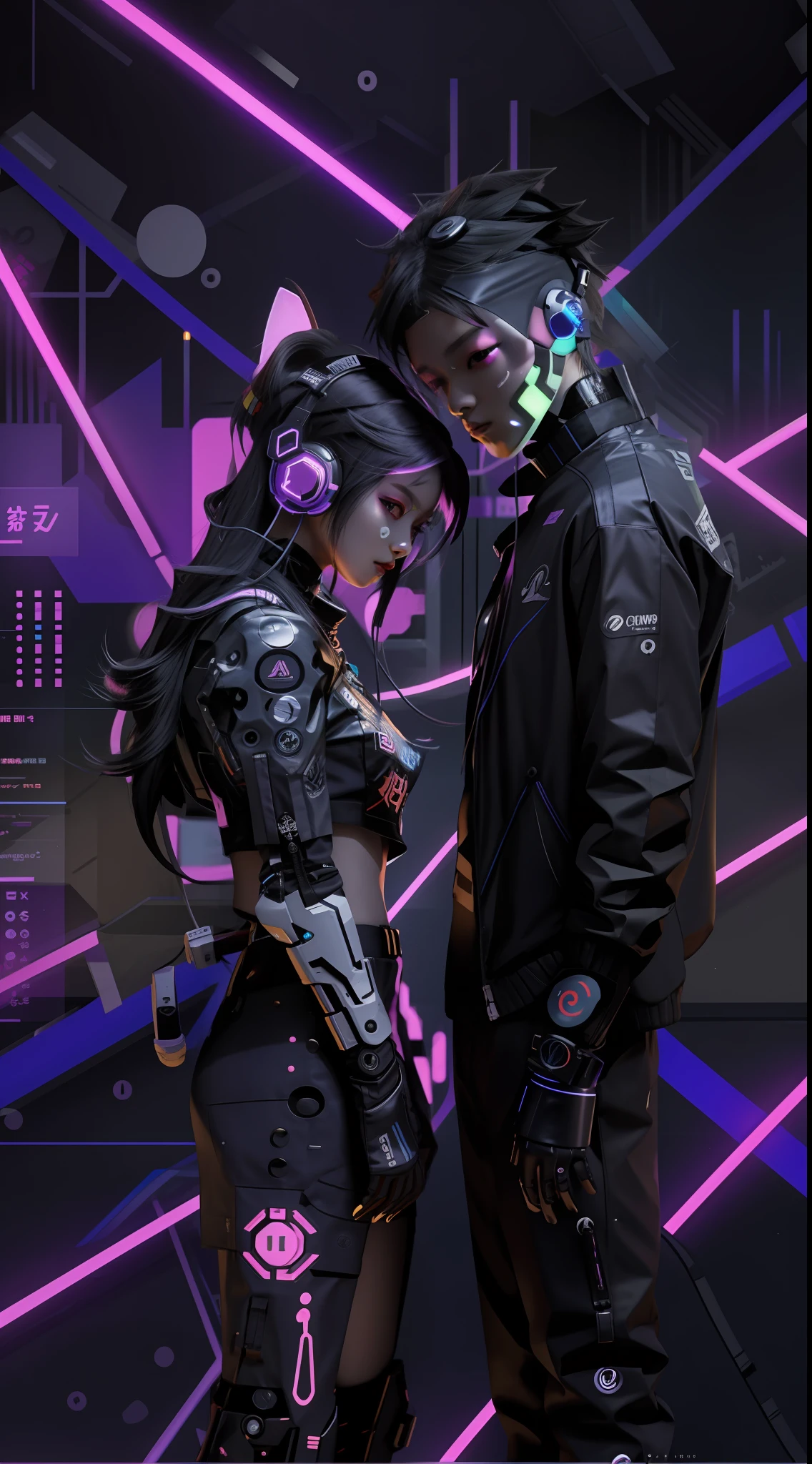 anime characters dressed in costumes and headphones posing for a picture, e-girl, nixeu and sakimichan, e - girl, cyber universe style, kda and sam yang, black cyberlox, cyber style, vrchat, in cyber punk 2077, cyber punk setting, in a cyber - punk ally, cyber punk, scifi background , futuristic bacjground 4k , 4k