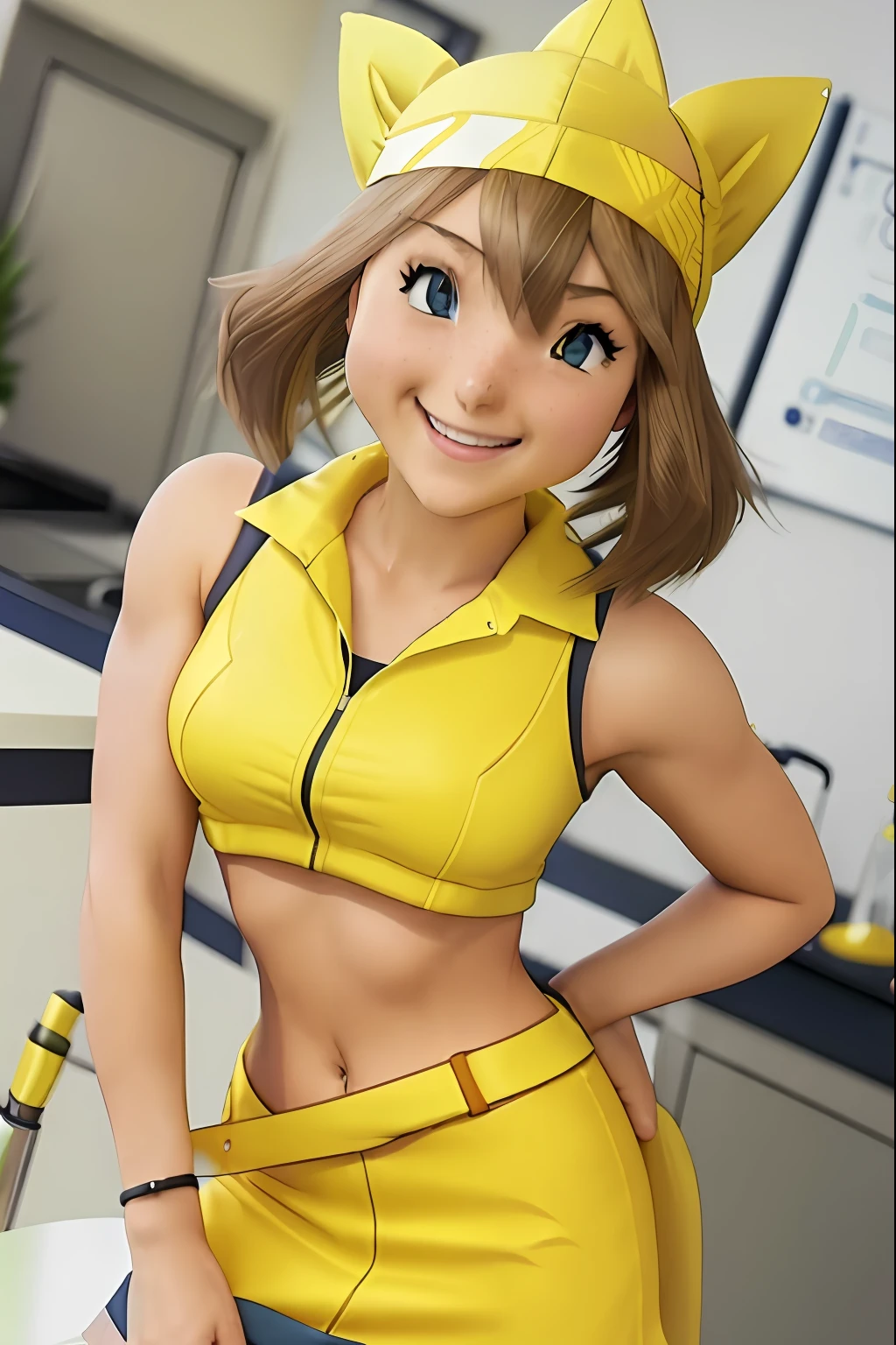 hyper realistic photograph, detailed face, beautiful 21 year old character_pokemon_may, ((short hair)), ((wearing yellow bandana, yellow jacket, white skirt, yellow belt)), breasts, teeth, smile, science laboratory interior:: film grain, Kodak portra 800, f1.8, --ar 2:3 --beta --upbeta, cute, flirty, (r/fitgirls),