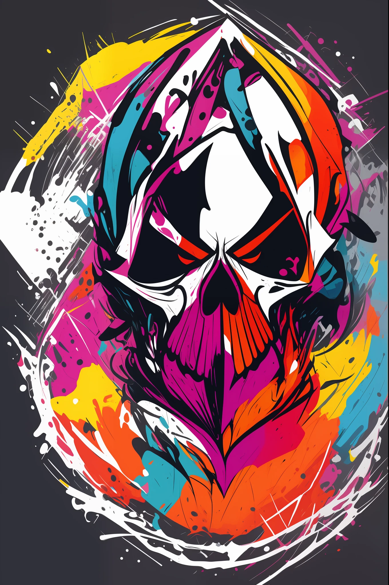 vector t-shirt art ready to print colorful graffiti illustration of a head logo grunge grim reaper, Tshirt design, streetwear design, pro vector, japanese style, full design, 6 colors only, solid colors, no shadows, full design, warm colors, sticker, bright colors