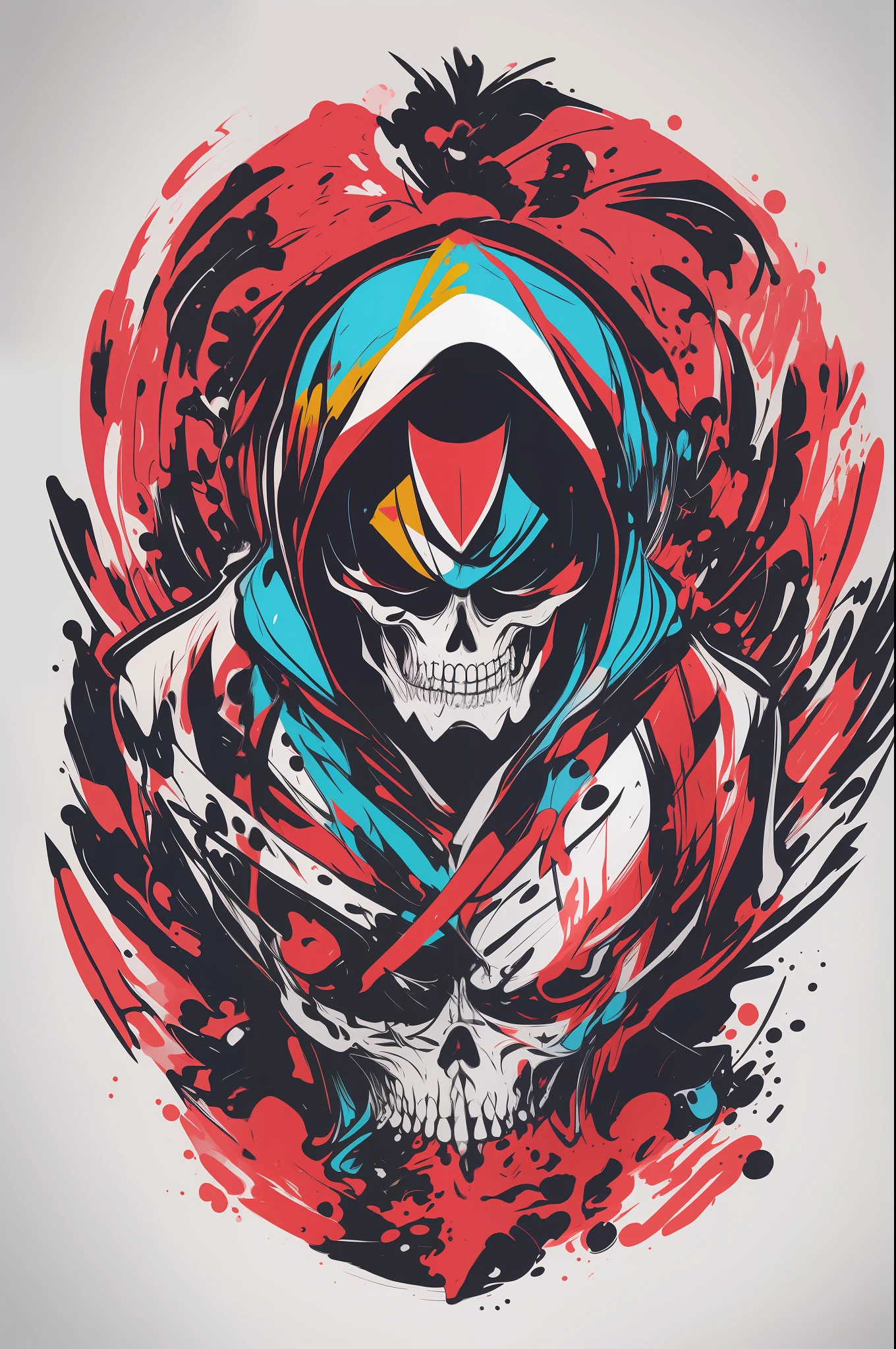 vector t-shirt art ready to print colorful graffiti illustration of a head logo grunge grim reaper, Tshirt design, streetwear design, pro vector, japanese style, full design, 6 colors only, solid colors, no shadows, full design, warm colors, sticker, bright colors