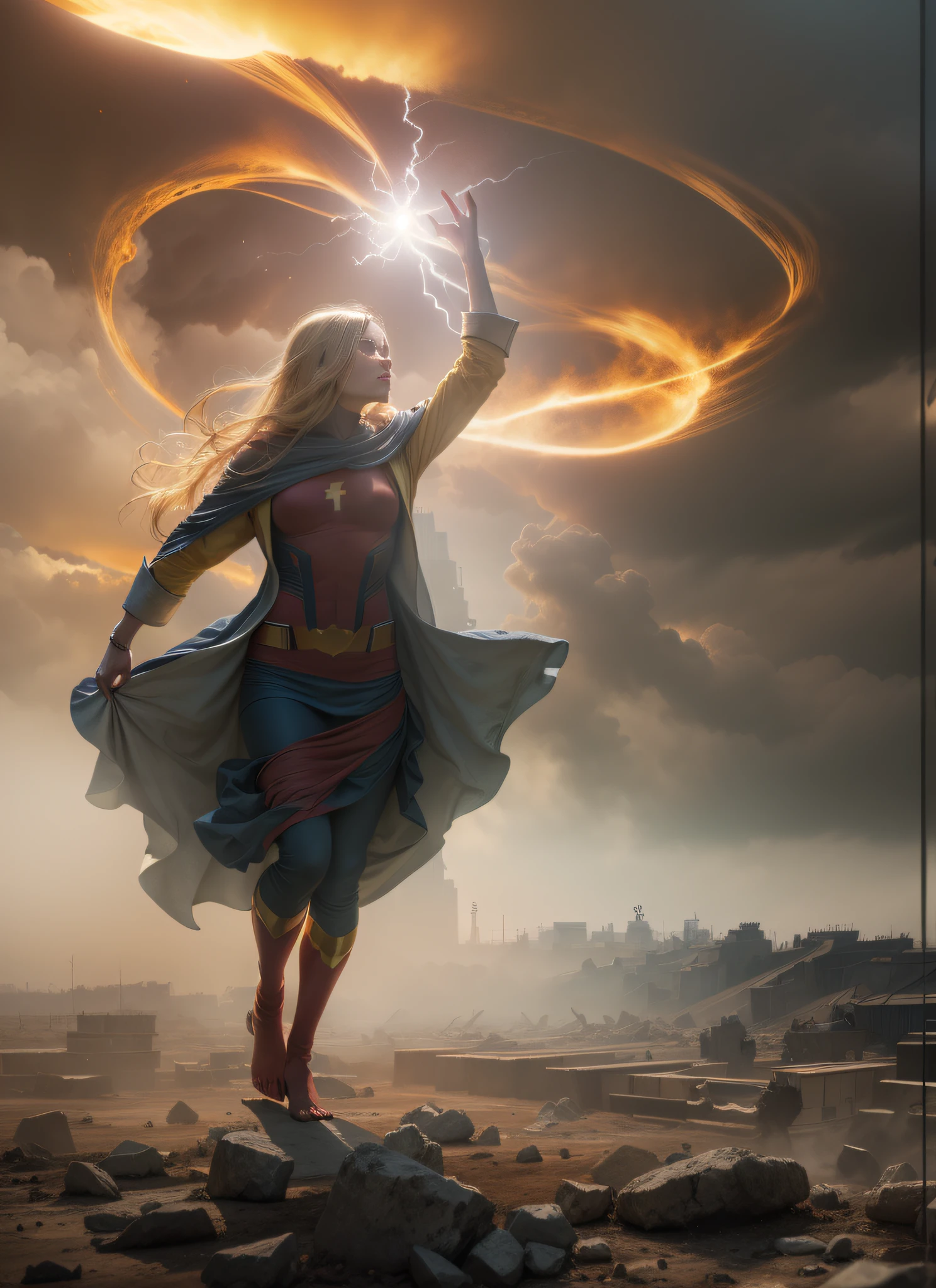 Summoner barefoot female levitating with blonde hair, robes and arms of cloak raised on a broken earth, luz de lava brilhante de baixo do campo de asteroides (rochas irregulares, pedregulhos e detritos disparando para o ar:1.3) (tempestade de detritos de poeira ventosa:1.1) Volumetric mist mist ray tracing z pass bright light from below, (obra-prima) (melhor qualidade) (detalhado) (8k) (cinematic lighthing) (foco nítido) (intrincado). roto perfeito, traje detalhado do Homem-Aranha, seios grandes, super hero pose, Standing in the ruined city at sunset, hiperdetalhado, smoke billowing, Sparks, raios solares, (8k), realista, symmetr, Concedido, cinematographic lightning, Encharcado, Filmes, 75 millimeters, Scratches, foto de corpo inteiro, Close-up, roupas rasgadas e sujas, rosto detalhado,