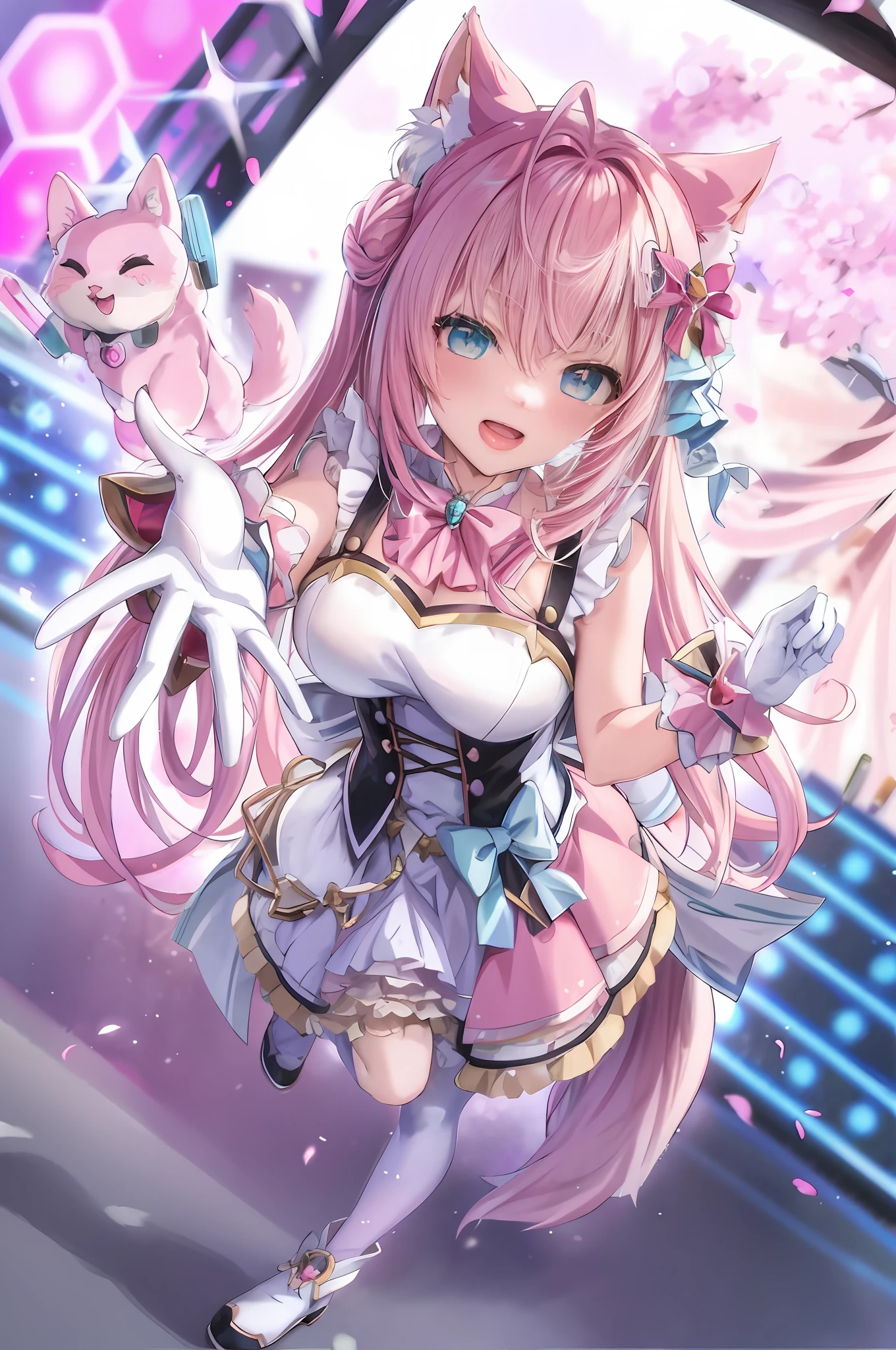 Anime girl holding a cat with pink hair and blue eyes, Splash art anime , nightcore, cute anime waifu in a nice dress, Anime goddess, A scene from the《azur lane》videogame, Detailed key anime art, pink twintail hair and cyan eyes, Best Rated on pixiv, clean and meticulous anime art, Detailed anime artwork, portrait of magical girl