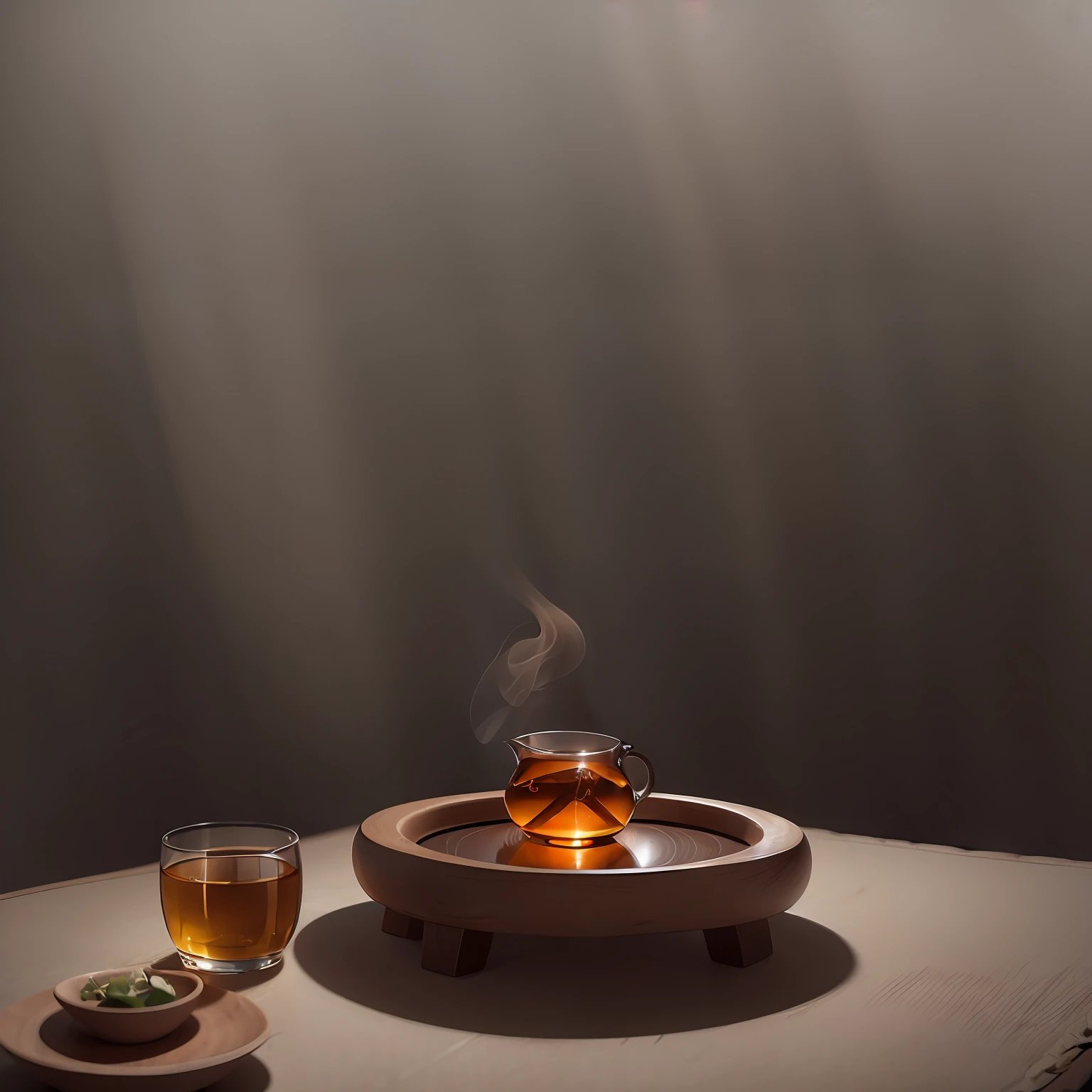 Close-up of traditional tea culture photos(Amber Pu'er tea in a glass in a dark environment wafted with mist)crawl。A set of tea set next to it,At a traditional tea table,The Tyndall effect on the tea table,an award winning photograph,Master masterpieces