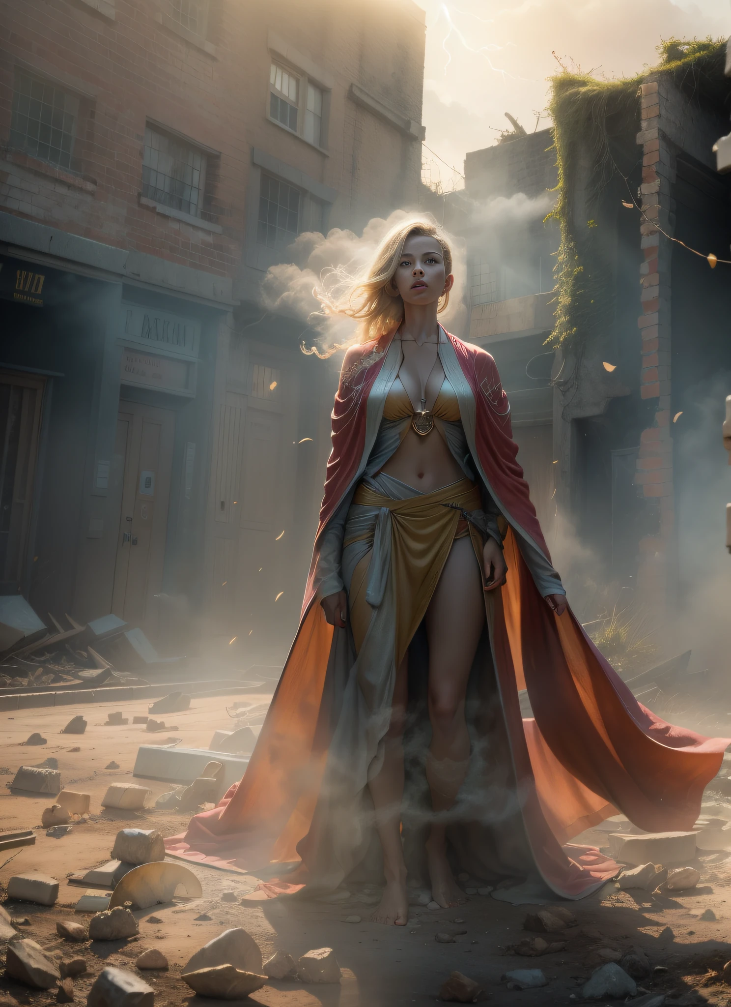 Summoner barefoot female levitating with blonde hair, robes and arms of cloak raised on a broken earth, luz de lava brilhante de baixo do campo de asteroides (rochas irregulares, pedregulhos e detritos disparando para o ar:1.3) (tempestade de detritos de poeira ventosa:1.1) Volumetric mist mist ray tracing z pass bright light from below, (obra-prima) (melhor qualidade) (detalhado) (8k) (cinematic lighthing) (foco nítido) (intrincado). roto perfeito, traje detalhado do Homem-Aranha, seios grandes, super hero pose, Standing in the ruined city at sunset, hiperdetalhado, smoke billowing, Sparks, raios solares, (8k), realista, symmetr, Concedido, cinematographic lightning, Encharcado, Filmes, 75 millimeters, Scratches, foto de corpo inteiro, Close-up, roupas rasgadas e sujas, rosto detalhado,