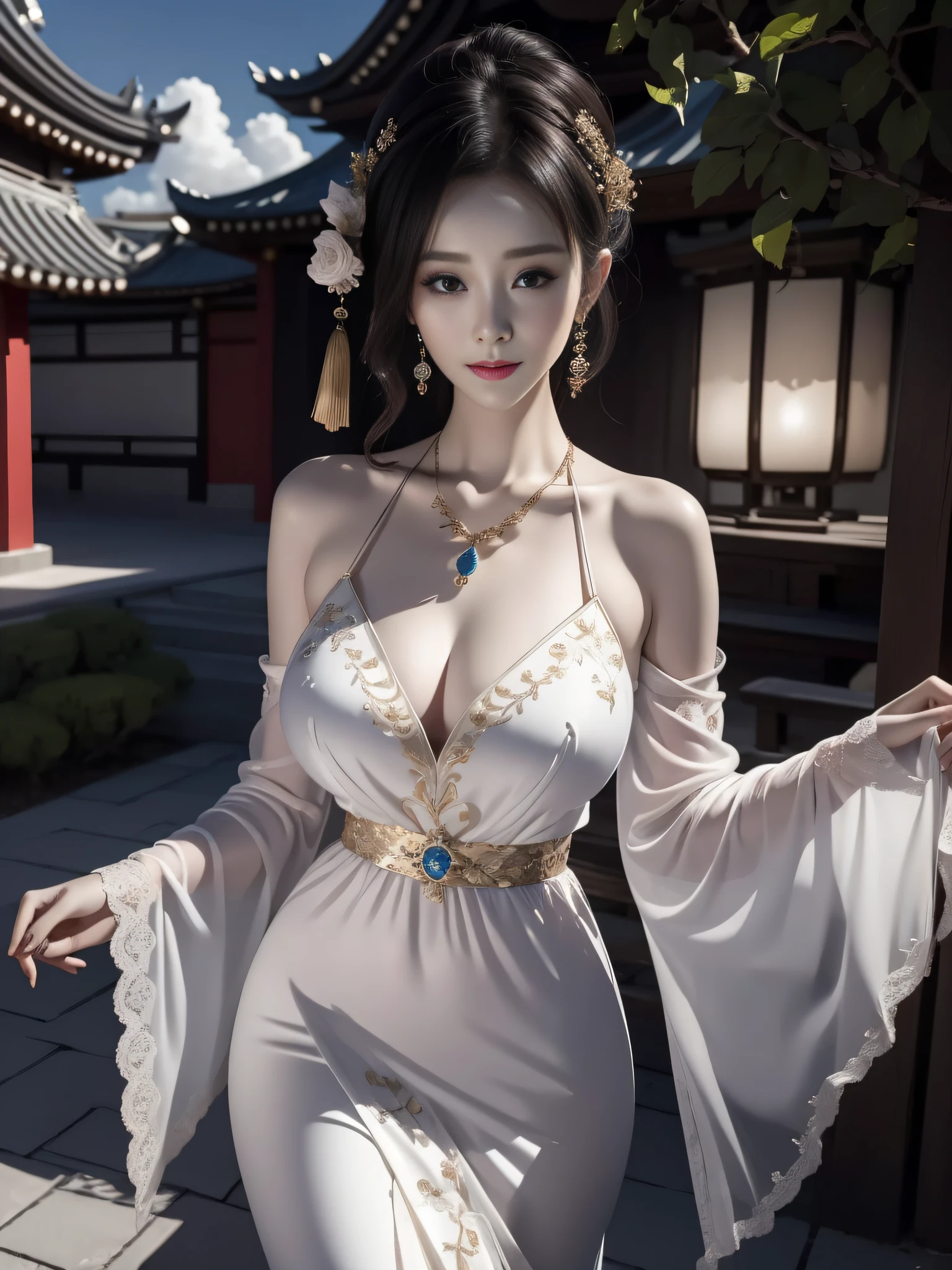 fanbingbing/Raised sexy/Redshift style full body shootingDigital paintingHigh resolution HDR Unreal Engine Ultra Detailed Sharp Focus Trend Art Station Yasut Oka Giovannari Carlo Audrey Kawasaki Josephine Wall Thomas King/masterwork、best qualityer、offcial art、Extremely detailed CG unified 8k wallpaper/Can see the whole body/aged 40/Raised sexy/Crimson lips/耳Nipple Ring/二重まぶた/Little beasts/In the realm of a Chinese ink style,A mature and sexy fairy Biluo stands out for her charming appearance。She wears a white silk robe with a high-waisted design,Attractive shoulders are exposed,Emphasis on slender waist。Herob's snow dress moves gracefully with every step,It's like dancing with the wind。The transparent elements on her chest and sleeves add a touch of mystery,And delicate floral embroidery、Clouds and landscape motifs adorn the robes,Symbolizes her gentle nature and otherworldly aura。To complete her look,Biro wore a gem-encrusted necklace、耳Nipple Ring、Delicate gold accessories such as bracelets,Highlights her noble temperament,Adds a sexy charm to her overall look。