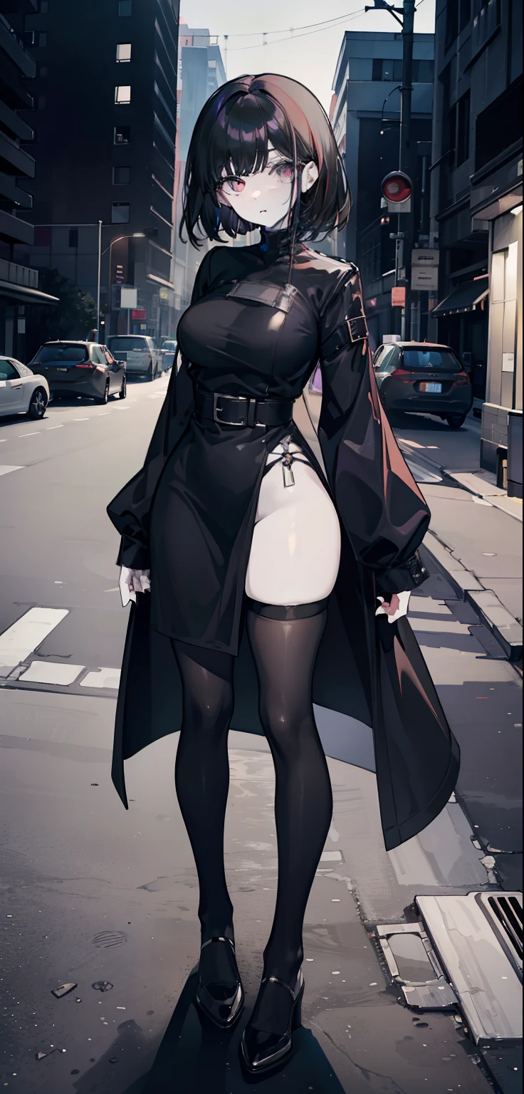 woman, pale skin, dark eyes, ear, eyebrow, mouth mask, big straight black hair, short black skin-tight long sleeve dress, thin waist, thick legs, thick thighs, background scenery, ultra-detailed street