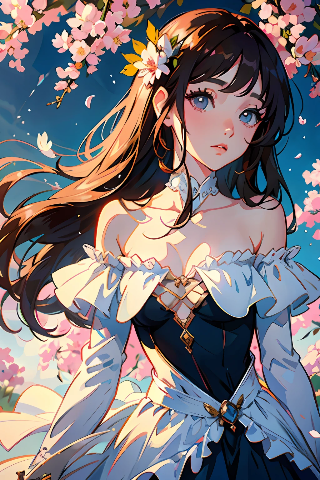 high high quality，tmasterpiece，Delicate facial features，Delicate hair，Delicate eyes，Delicate hair，Romantic girl，Anime shoujo，Pink off-the-shoulder dress，Long brown hair waist-length，Exquisite and delicate，Elegant and gorgeous，dreamy and romantic，Feminine and romantic，blossoms，Cute anime girl in beautiful clothes,  in dress, Fantastic flower garden，Guviz, Style anime, Guviz-style artwork, fantasyoutfit, lovely art style, Dreamy style, fantasy style clothing, Romantic dress, soft cute colors, Lolihigh quality detailed art（Delicate facial portrayal）（Fine hair portrayal）（highest  quality）（Master masterpieces）（High degree of completion）（a sense of atmosphere）8k wallpaper，tmasterpiece，Best quality at best，ultra - detailed