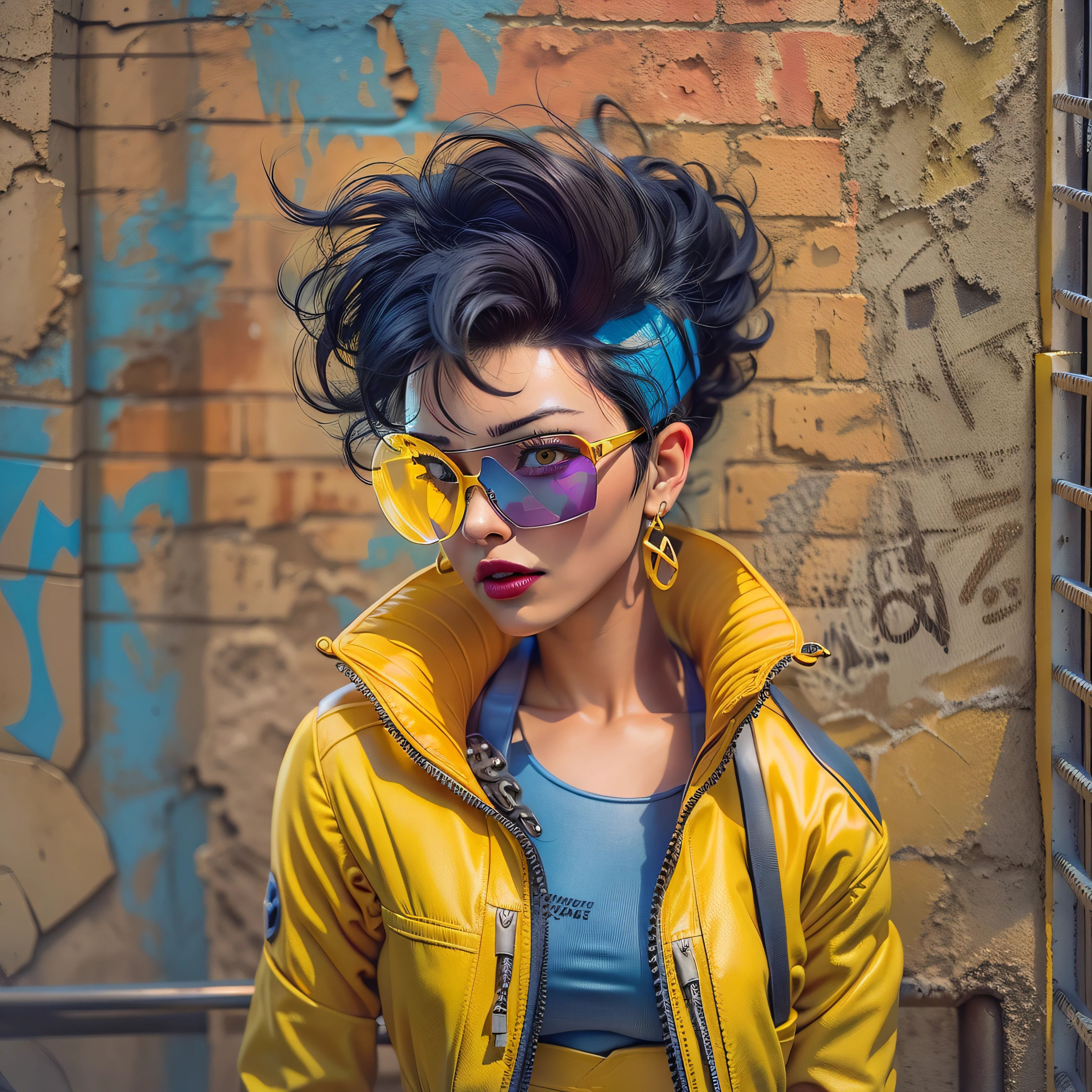 jubilee, (((short black hair))), brown eyes ,lips ,lipstick,dark skin,solo, standing,  hands on hips, upper body, close up,
jubJak, denim shorts , (((open yellow jacket))), purple shades on head, hoop earrings ,((blue gloves)), pink shirt, blue boots,
streets, chain fence, ((wall with x-men graffiti)), retro,
(insanely detailed, beautiful detailed face,  masterpiece, beautiful detailed  eyes, best quality) photo-realistic, octane render,