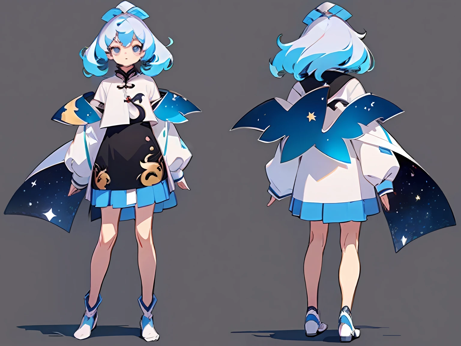 ((masterpiece)), (((best quality))), (character design sheet, same character full body, front, side, back), Illustration, 1 girl, hair color, bangs, hair fax, eyes, environment change, pose kota, female, shirt shangyi, stars, charturnbetalora, (simple background, white background: 1.3) ,--6