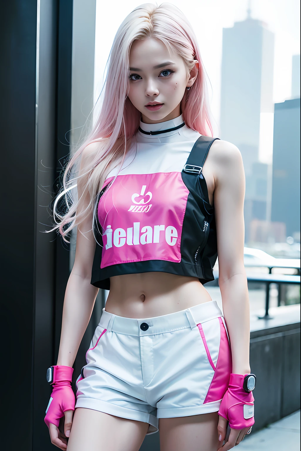 (solo), (a detailed full body RAW photo of a girl), (masterpiece:1.0), (best quality:1.4), (ultra highres:1.2), (photorealistic:1.4), 8k resolution, Canon EOS R5, 50mm, absurdres, ultra detailed, (18yo), sharp focus, cinematic lighting, detailed beautiful face, (ulzzang-6500-v1.1), petite figure, detailed skin texture, pale skin, flat chest, (pale :0.5), (skinny and fit body:1.3), detailed long blond hair, messy hair, (Avril Lavigne:0.7), smiling, (futuristic fashion, streetwear, high-tech fabrics, fireproof material, shorts, elbow and knee pads, racing gloves:1.1), contrapposto, (Kpop idol), (azur lane\), cityscape, outdoors, ((white+pink theme)),