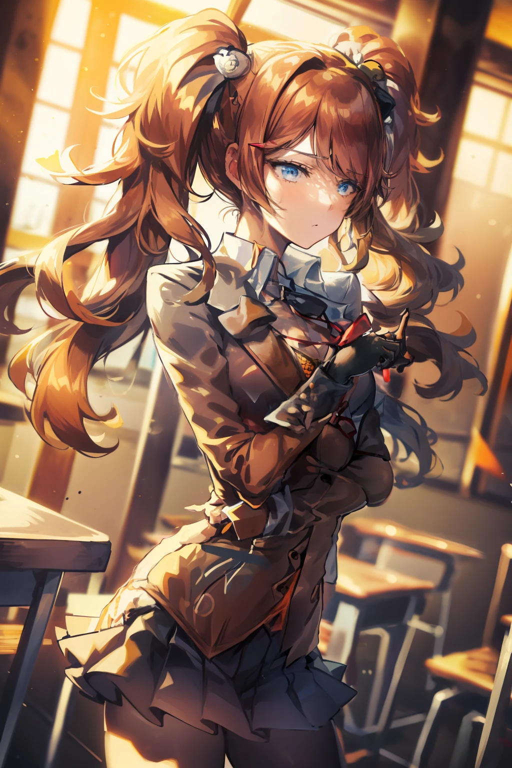 2d, masterpiece, best quality, anime, highly detailed, cowboy shot, 1girl, solo, yuri, hairclip, [[large breasts]], school uniform, blazer, brown sweater, collared shirt, neck ribbon, blue skirt, standing, own hands together, expressionless, classroom