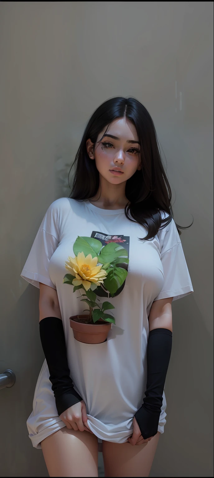 masterpiece, best quality, high resolution, fine detail, amazing and beautiful detail, different_image, 1 girl, solo, white t-shirt,from below, black hair, red eyes, ( big boobs), (lower chest) , outdoor , plants, botanical garden, dolphin white t-shirt,