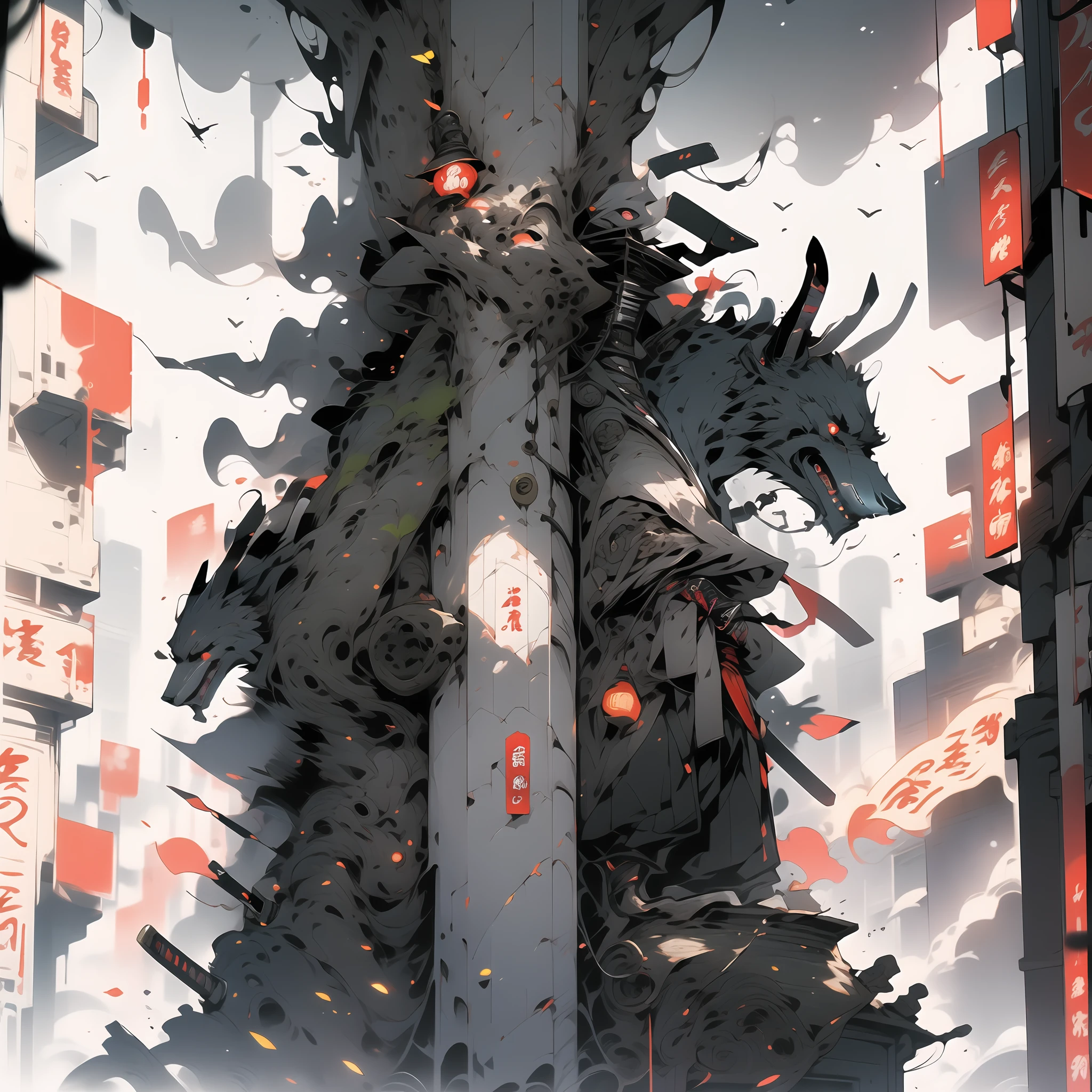 Imagine a young girl with black hair, short hair, and red eyes. She wears headphones and glasses while dressed in a combination of a traditional shrine maiden outfit and samurai armor, complete with a mini skirt. Despite her serious appearance and lack of expression, her red eyes gleam with mysterious power. Picture her standing amidst the ruins, accompanied by various mythical creatures. Now, tell a captivating story about her adventures in this intriguing world.