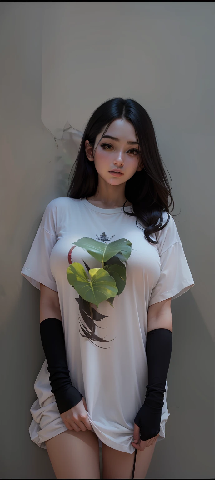 masterpiece, best quality, high resolution, fine detail, amazing and beautiful detail, different_image, 1 girl, solo, white t-shirt,from below, black hair, red eyes, ( big boobs), (lower chest) , outdoor , plants, botanical garden, dolphin white t-shirt,