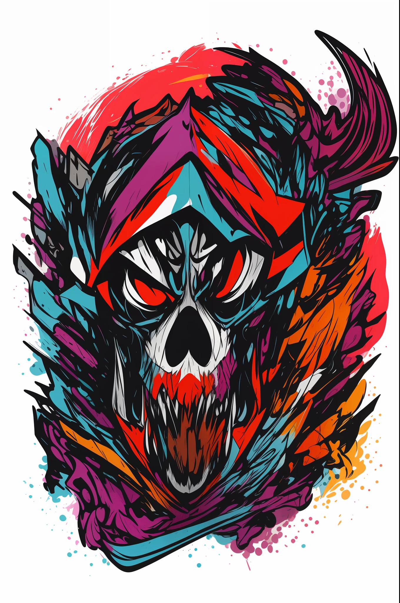 vector t-shirt art ready to print colorful graffiti illustration of a head logo grunge grim reaper, Tshirt design, streetwear design, pro vector, japanese style, full design, 6 colors only, solid colors, no shadows, full design, warm colors, sticker, bright colors