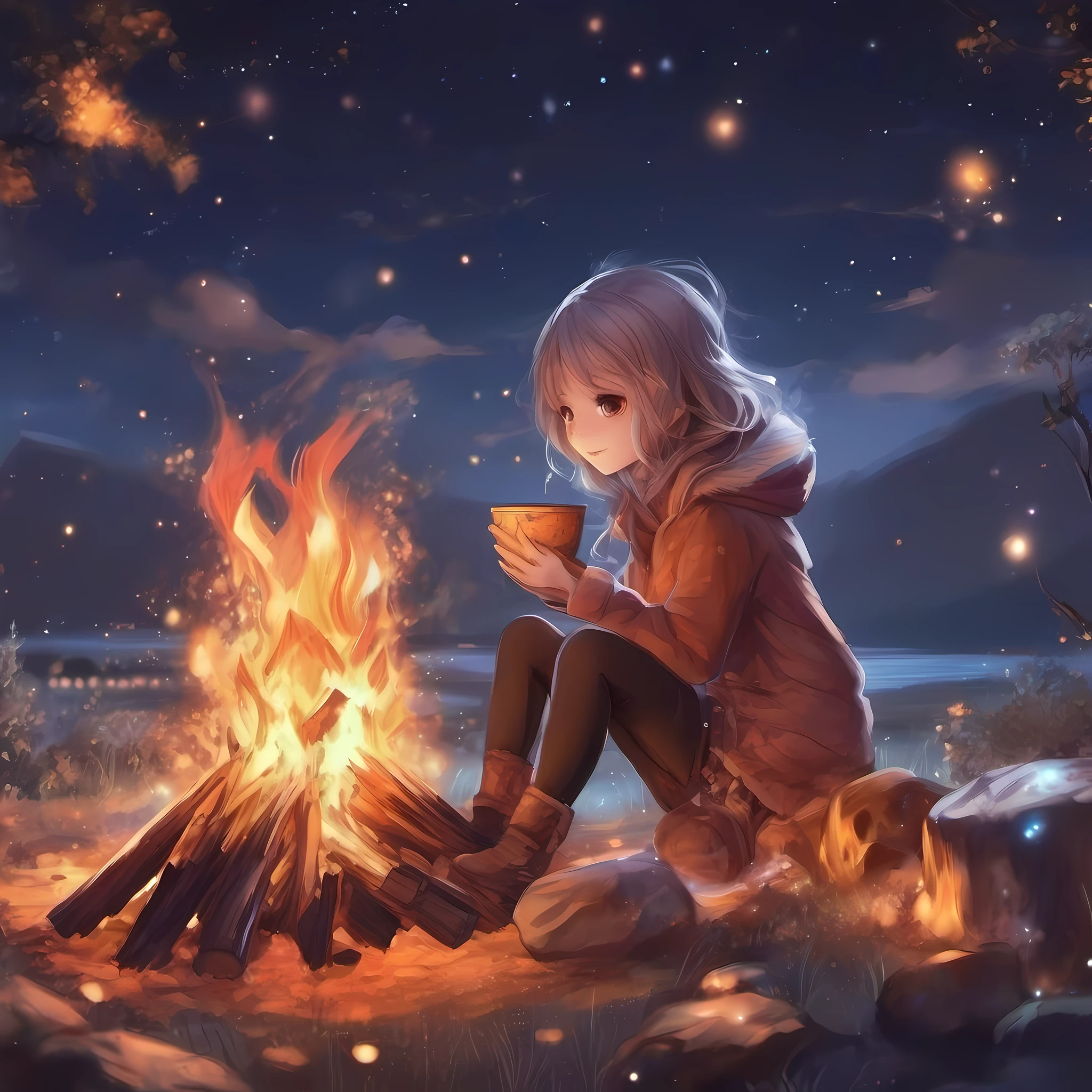 Bonfire, cute girl, starry sky