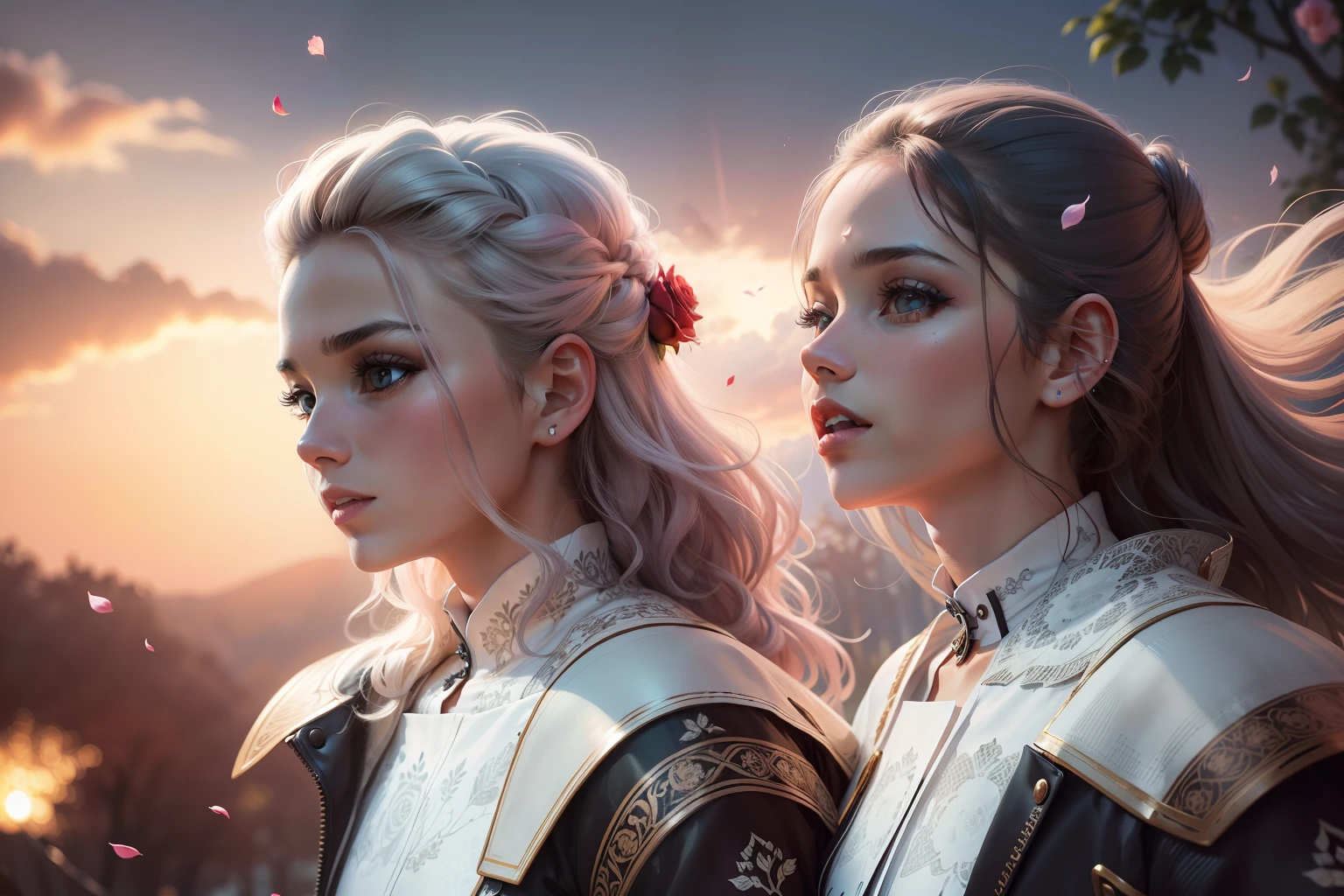 Beautiful  identical twin girls, felizes e sorridentes, com cabelos longos ruivos com lindas mechas douradas e levemente ondulados, de pele branca com um leve tom rosado, com olhos castanhos esverdeados, em um lindo campo florido, com muitas arvores e rosas ao redor, a shower of rose petals,, retrato detalhado, complexidade intrincada, rule of thirds, Sunset, Tinta fosca, luminescente, Artistic Station, arte conceitual, Arte Nova, Ilustrativos, Smooth and sharp focus Highly detailed, Maximalista e Realista.