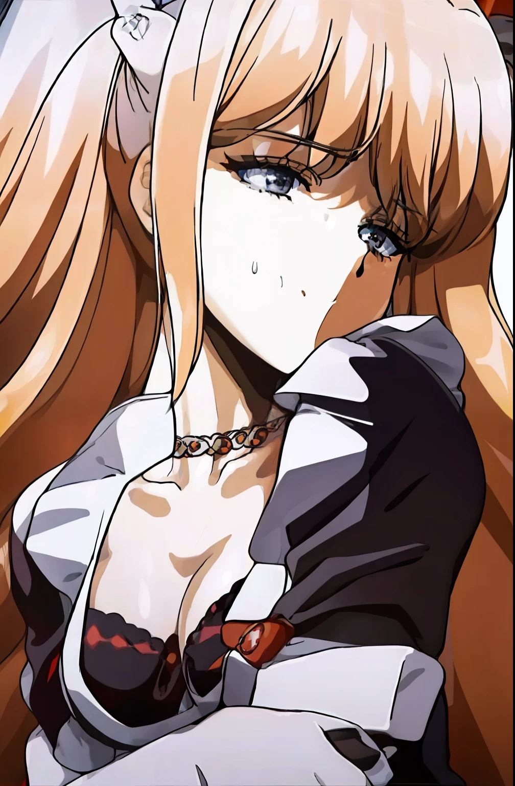 Outdoor,sunset, twilight,, Castle,red_sky,sunlight, sunrise, backlighting,cloud, cloudy_sky,mountainous_horizon, orange_sky,
Standing at attention,(Close-Up),
black dress ,maid headdress, maid apron, maid dress,white collar ,necklace,long_sleeves,
maid,collarbone,choker,fingerless_gloves,
Black_hair,Black_eyes,Long_hair,Bangs,
1 girl, 20yo,mature female,Beautiful Finger,Beautiful long legs,Beautiful body,Beautiful Nose,Beautiful character design, perfect eyes, perfect face,
looking at viewer,
NSFW,official art,extremely detailed CG unity 8k wallpaper, perfect lighting,Colorful, Bright_Front_face_Lighting,
(masterpiece:1.0),(best_quality:1.0), ultra high res,4K,ultra-detailed,
photography, 8K, HDR, highres, absurdres:1.2, Kodak portra 400, film grain, blurry background, bokeh:1.2, lens flare, (vibrant_color:1.2)
(Beautiful,large_Breasts:1.4), (beautiful_face:1.5),(narrow_waist),
